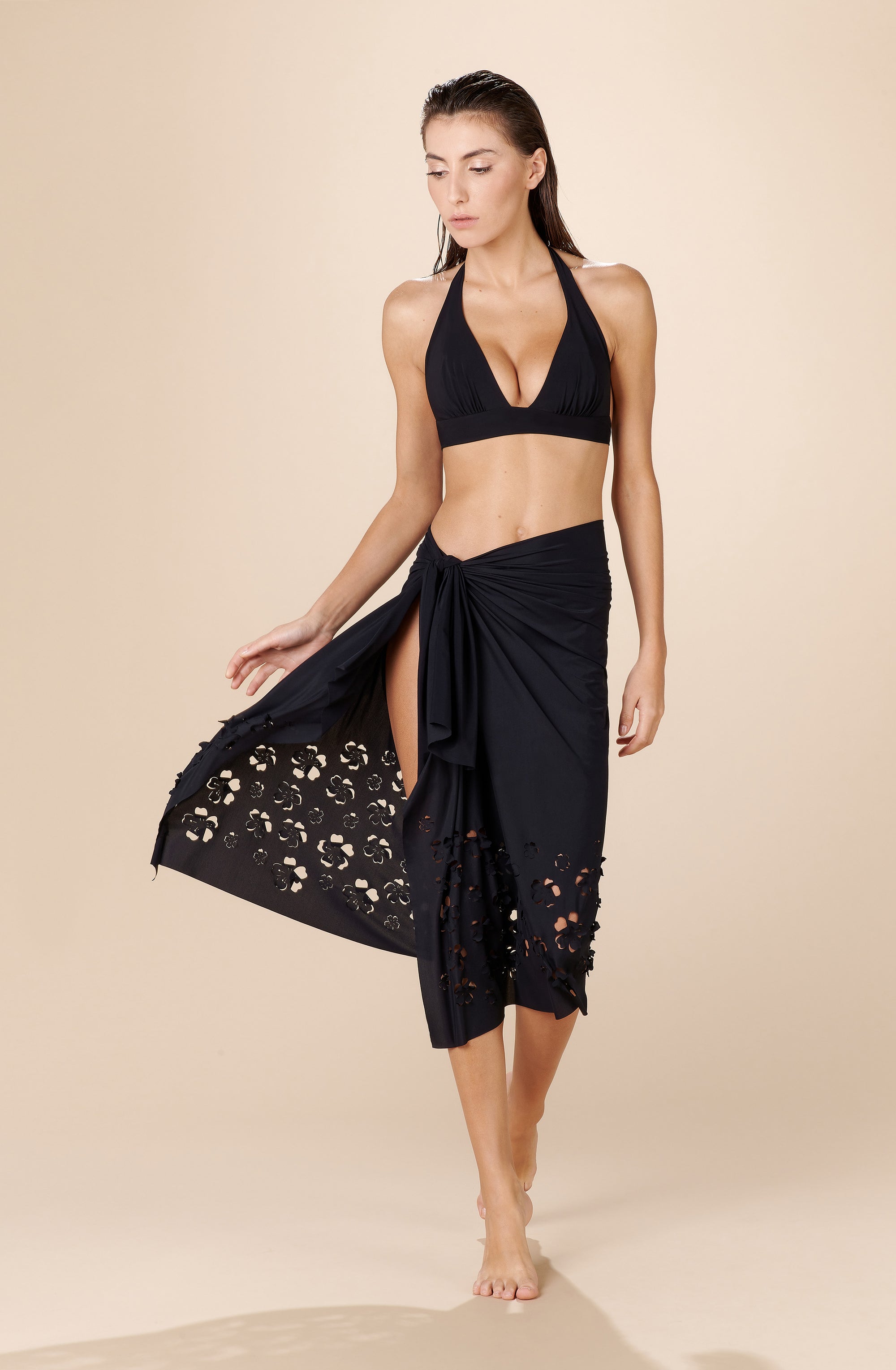 akia long black pareo with floral cut outs