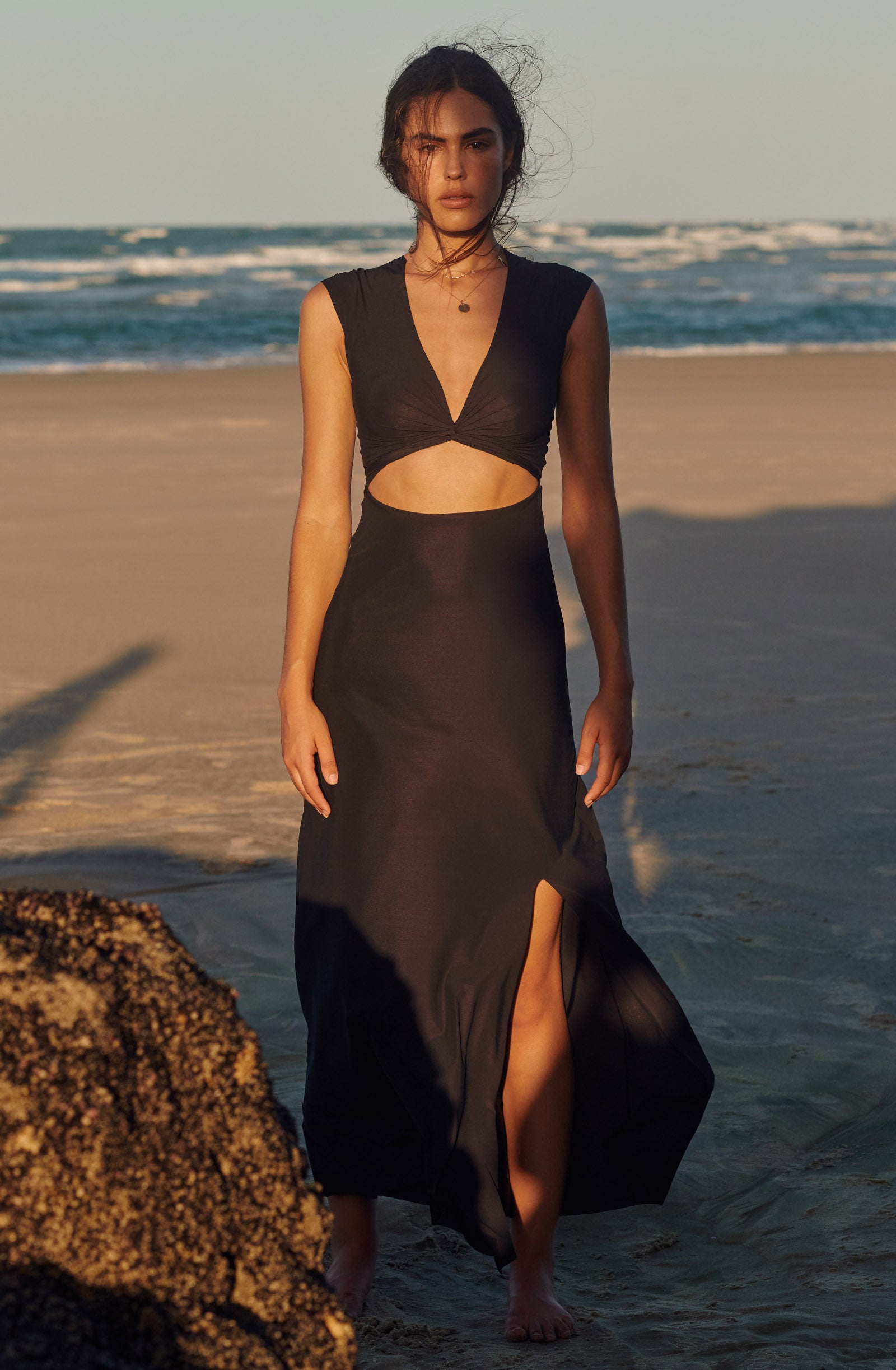 kolil long black cropped cut dress