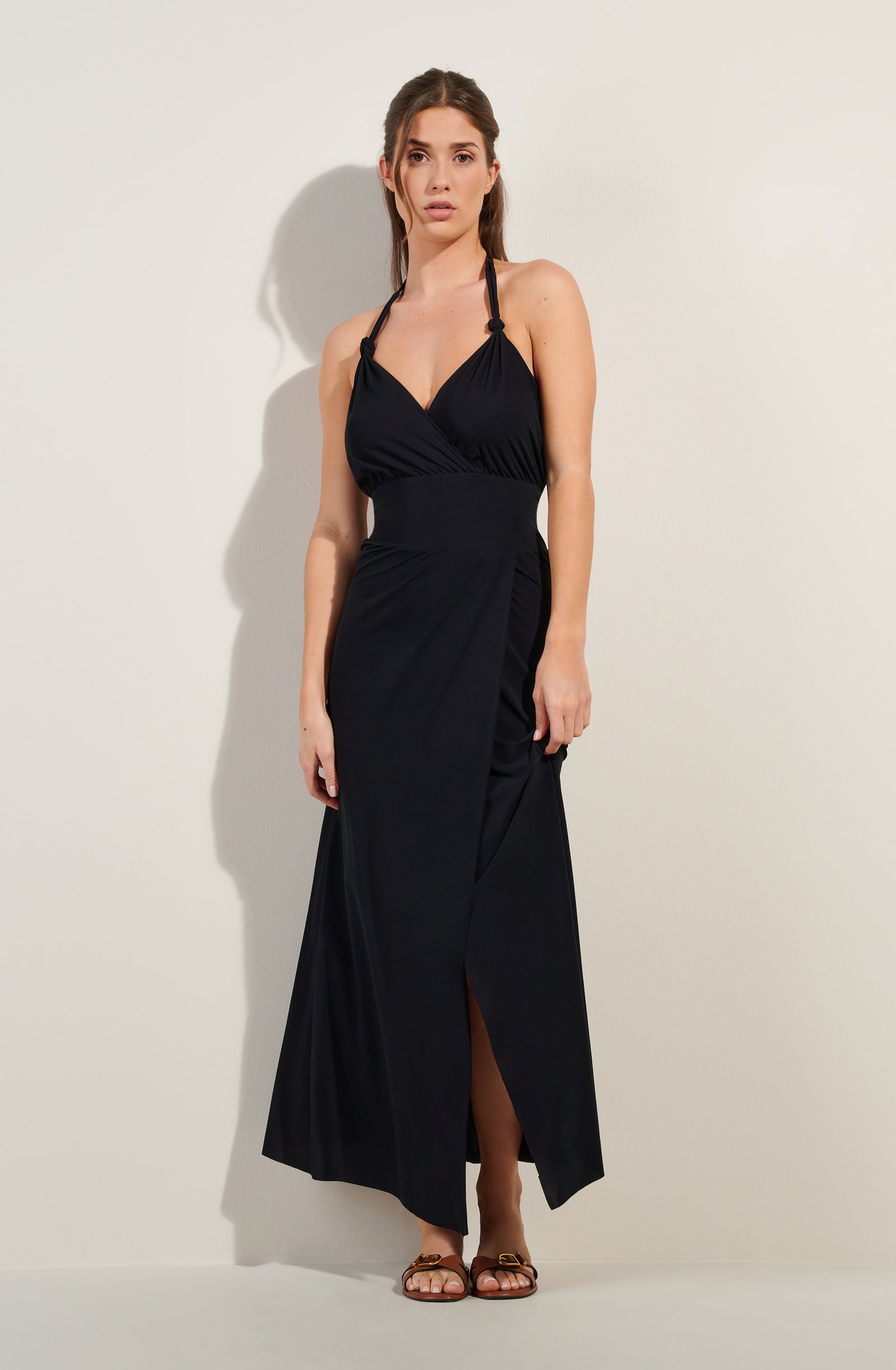 rona long black halter neck wrap dress