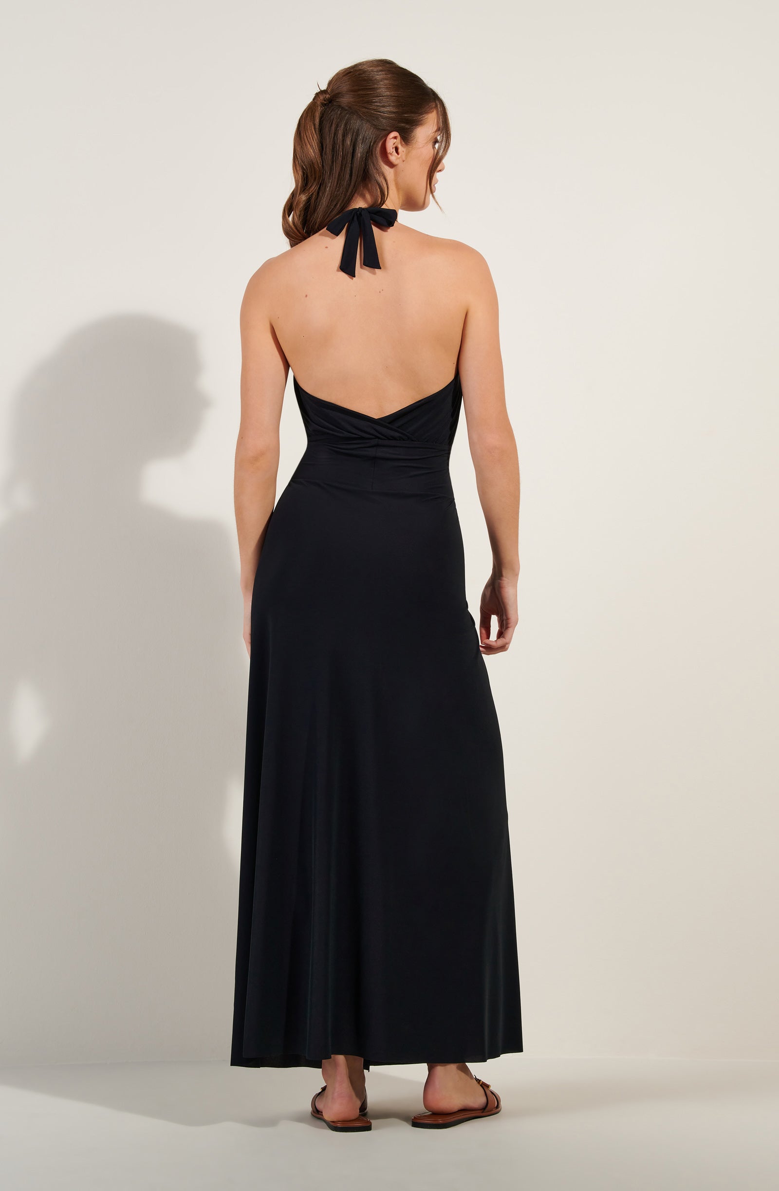 rona long black halter neck wrap dress