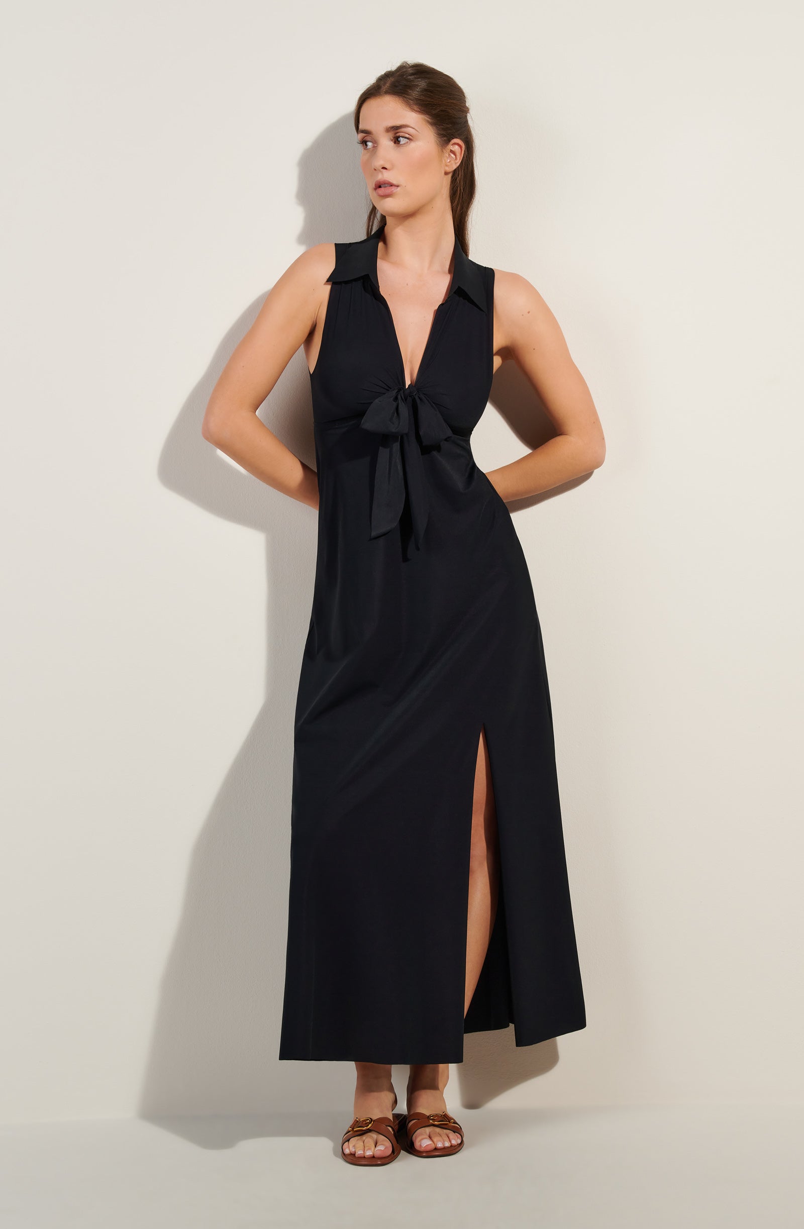rova long black open back dress