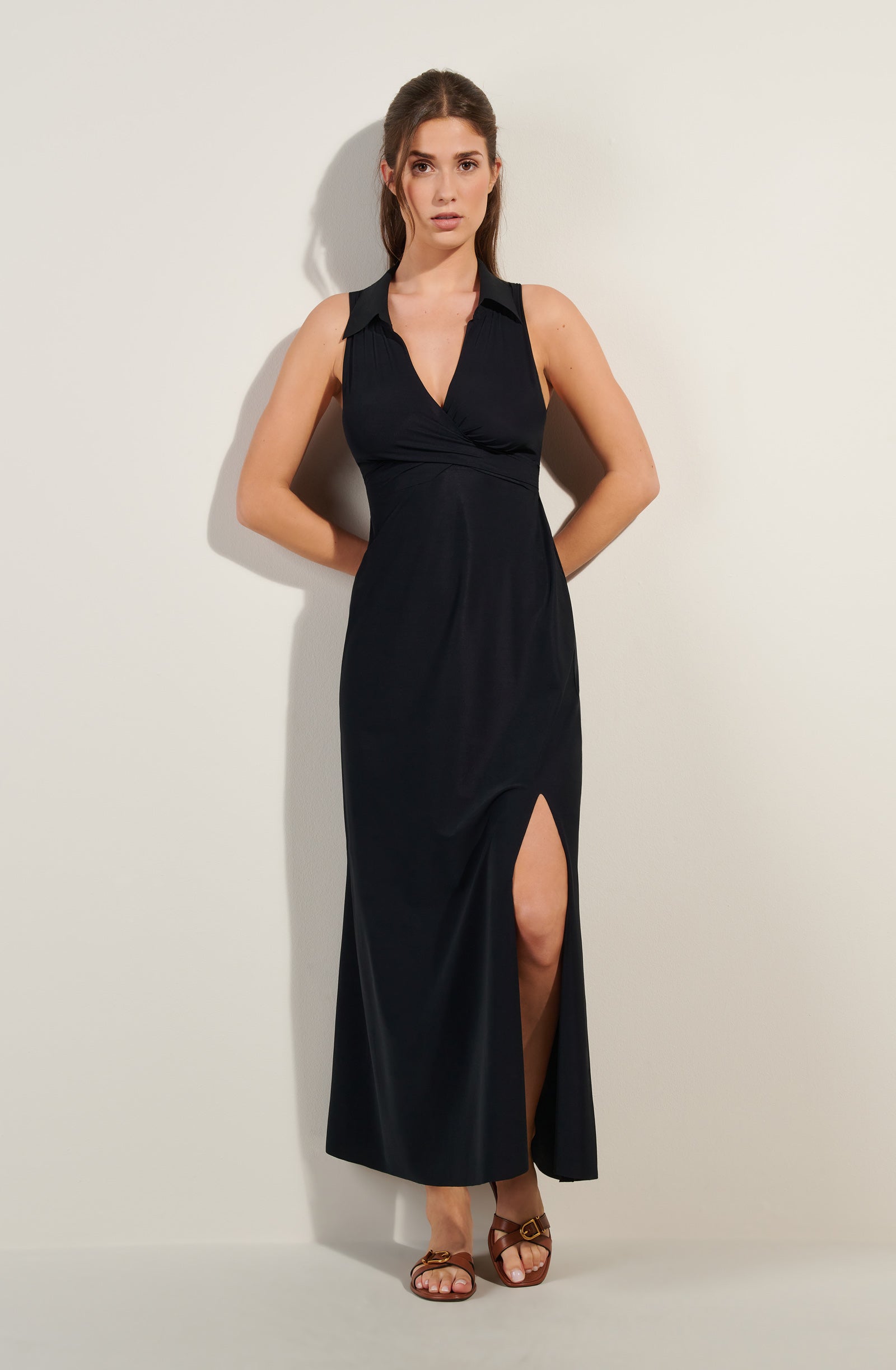 rova long black open back dress