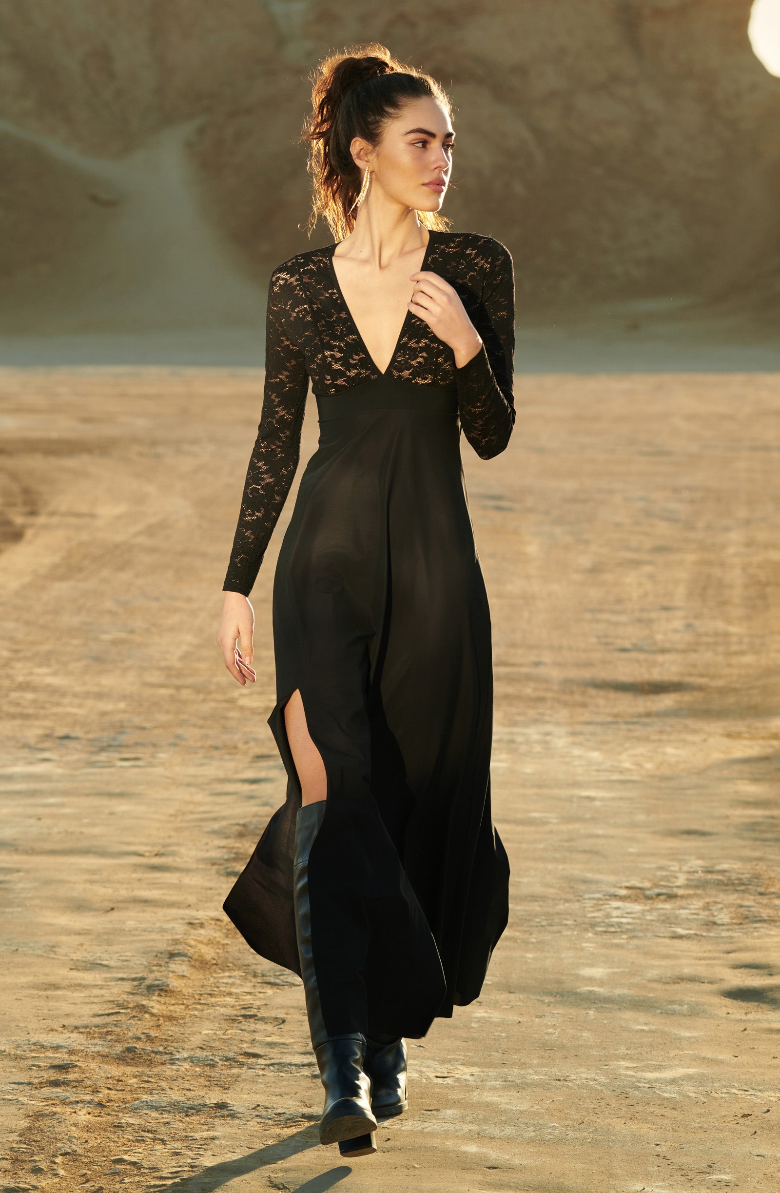 rivia long black dress in lace and voile