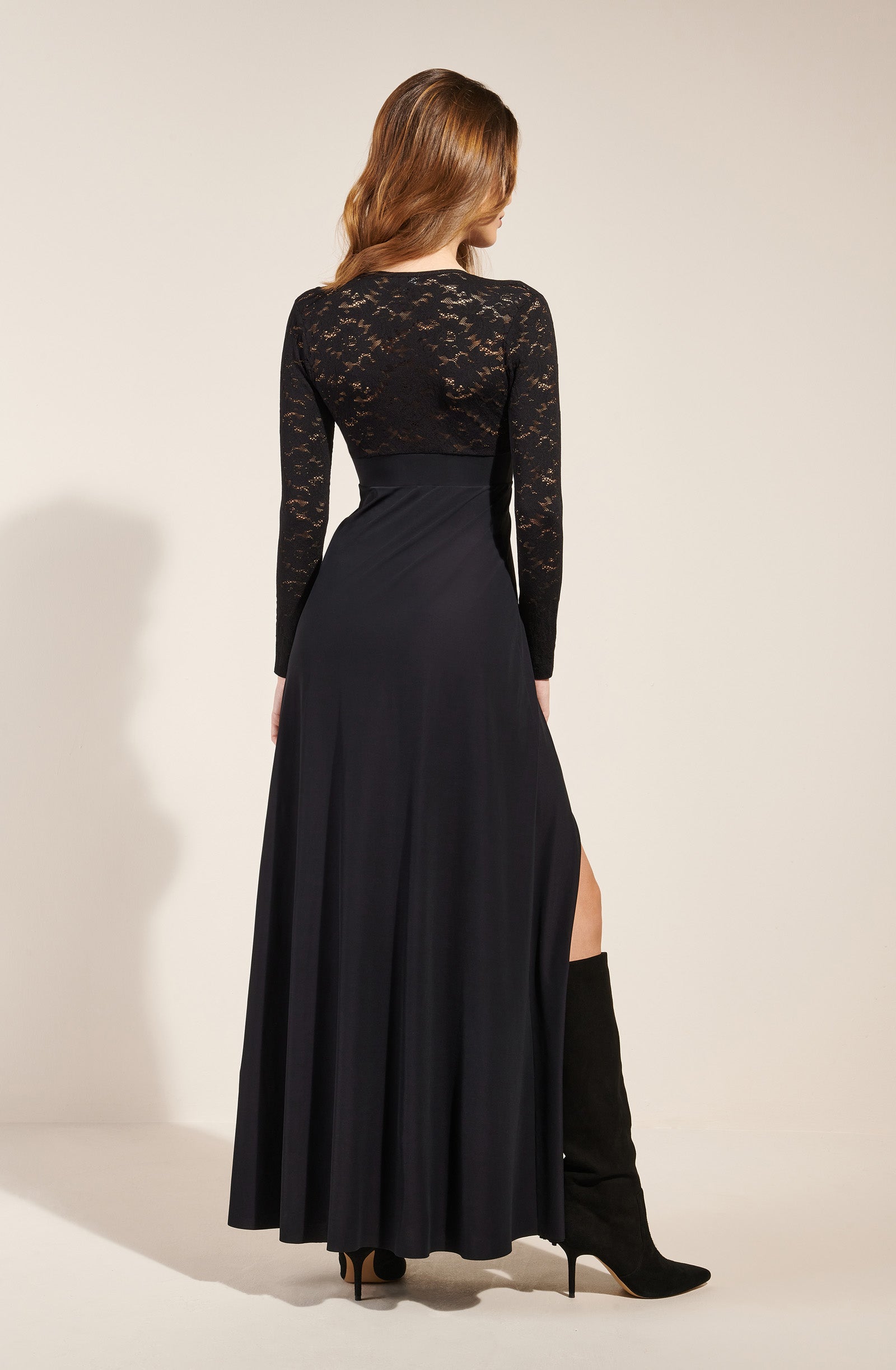 rivia long black dress in lace and voile