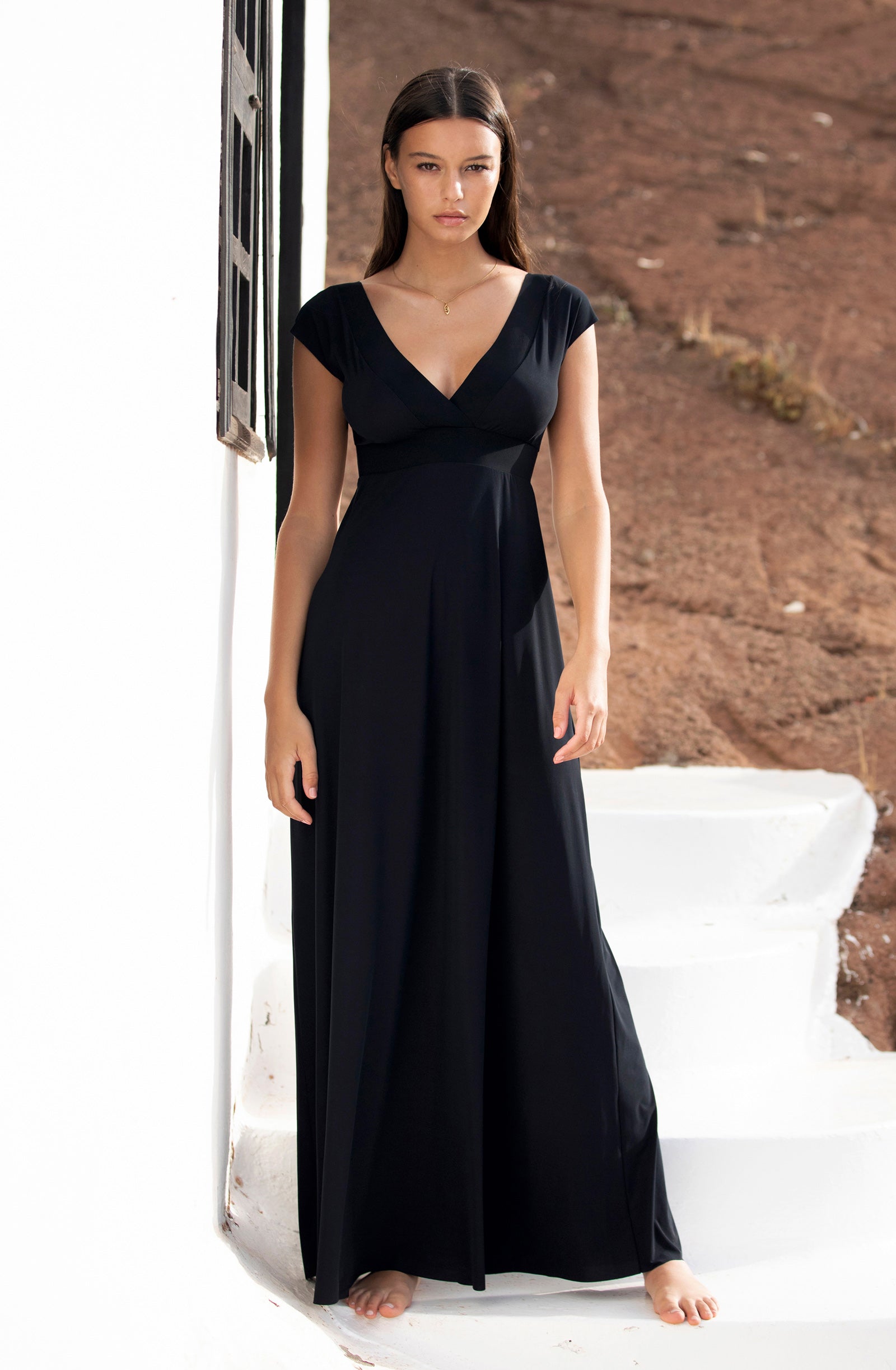 zaelie long black light voile neckline dress
