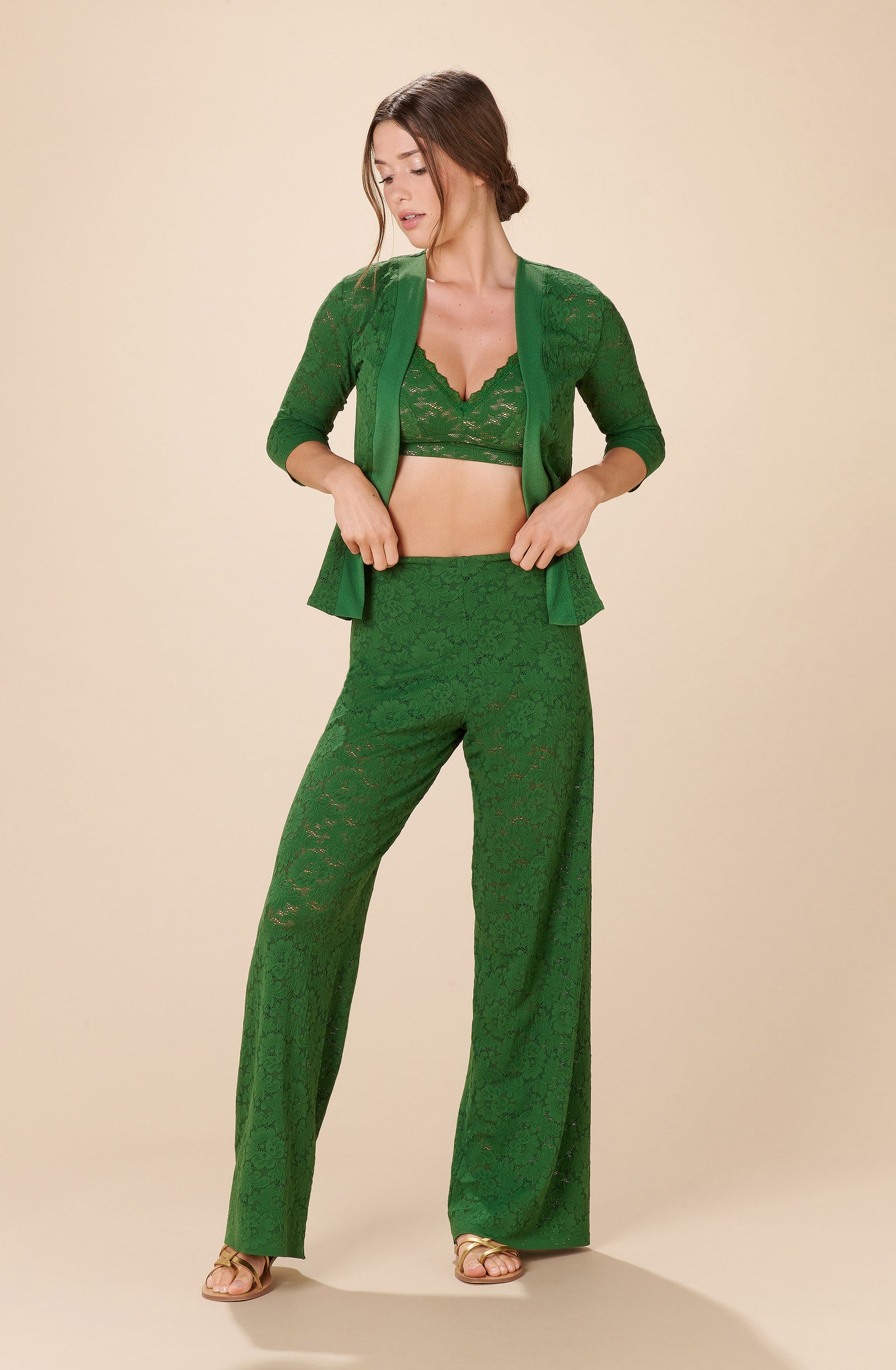 paco olive green lace trousers
