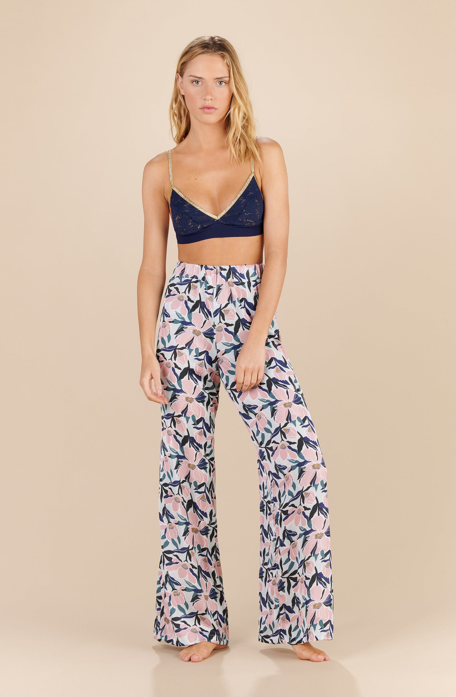 tom wide magnolia print satin trousers
