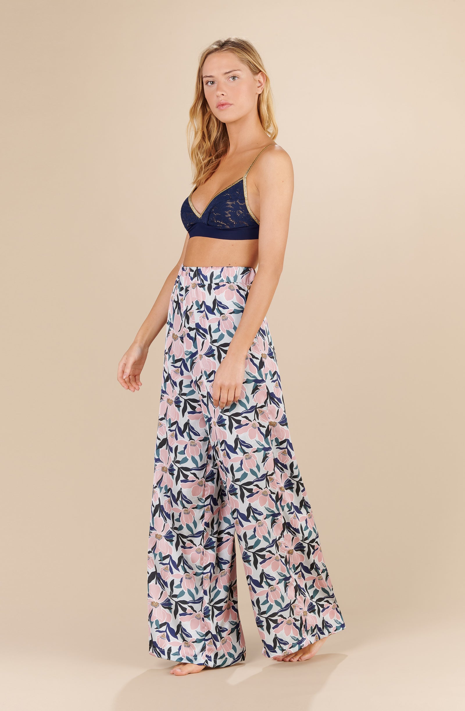 tom wide magnolia print satin trousers