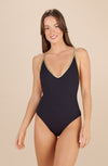 coral Black swimsuit with thin Lurex cross-back straps