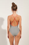 coral SIGNATURE print swimsuit with straps crossed at the back