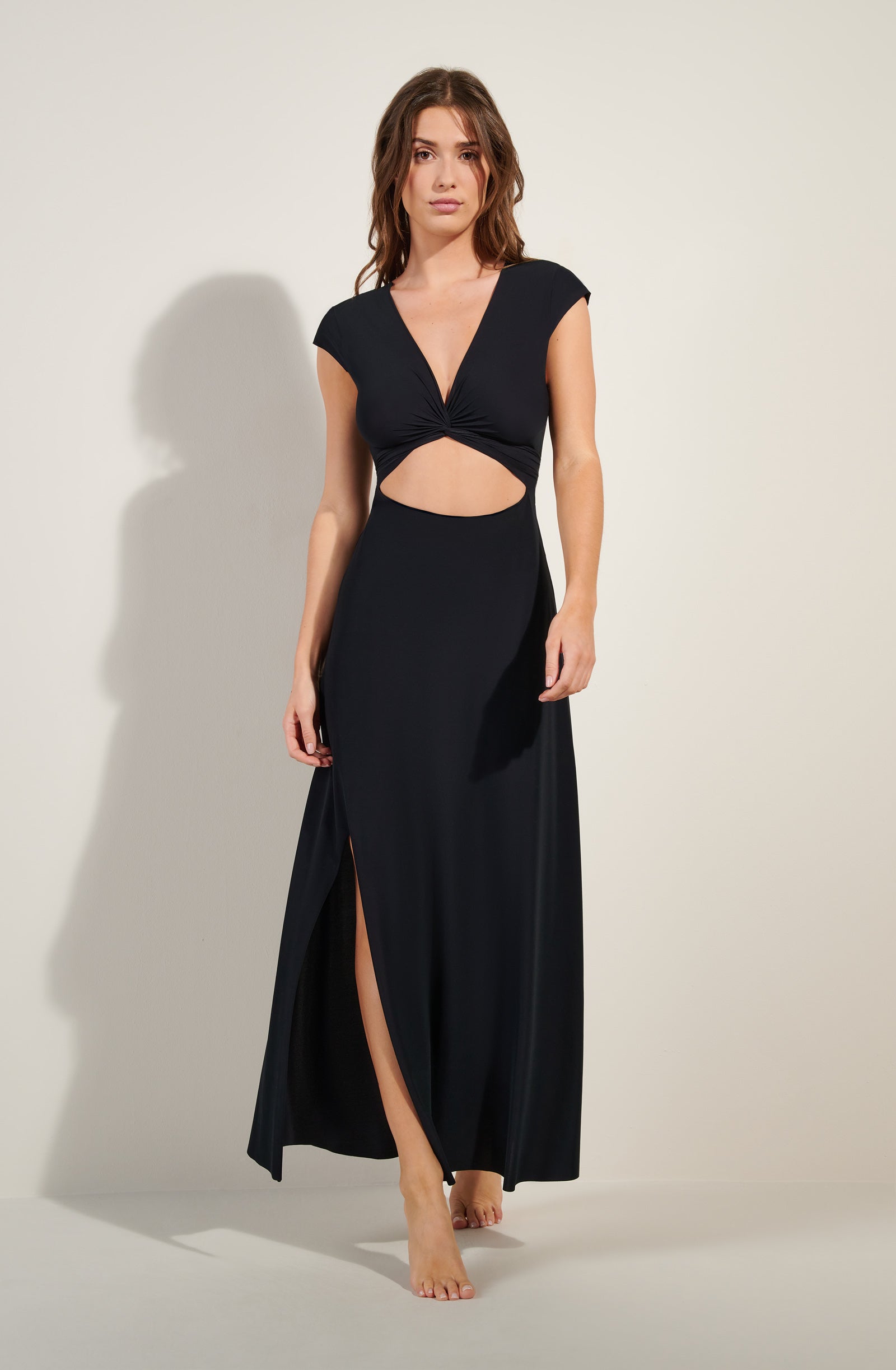 kolil long black cropped cut dress