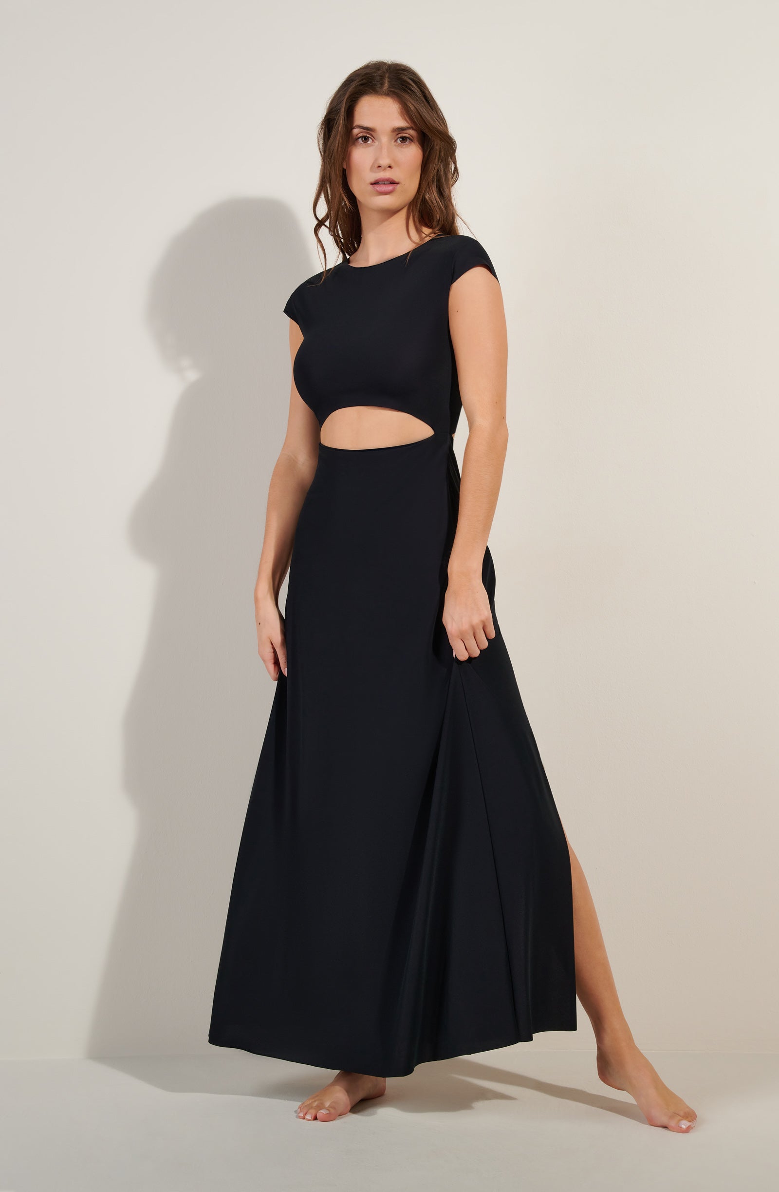 kolil long black cropped cut dress