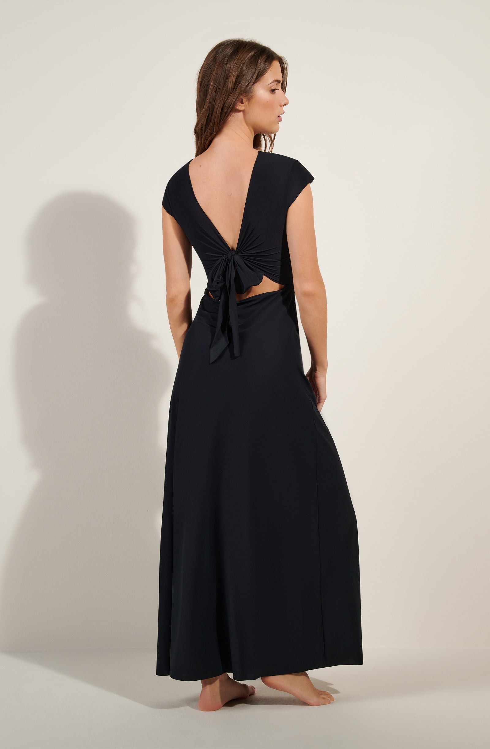 kolil long black cropped cut dress