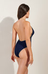 moon Navy blue ribbed knit halter neck swimsuit