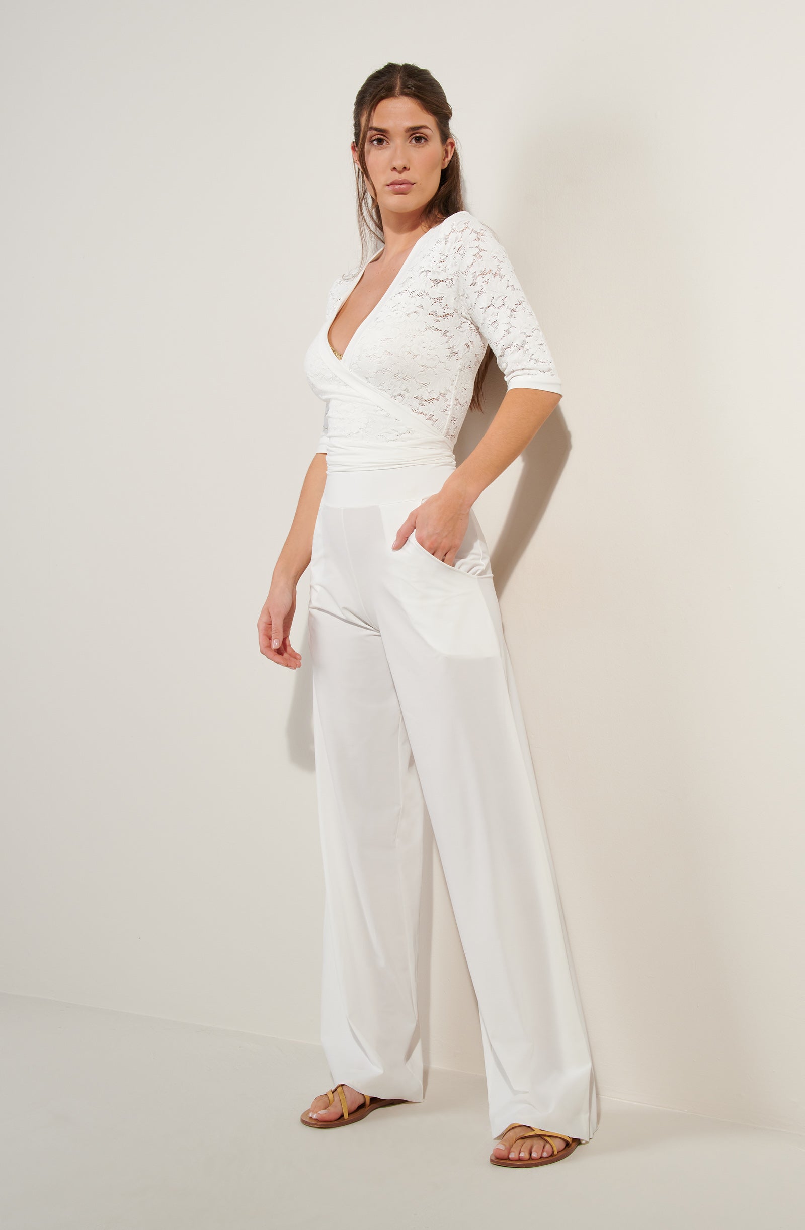 penda Pantalon large taille haute écume