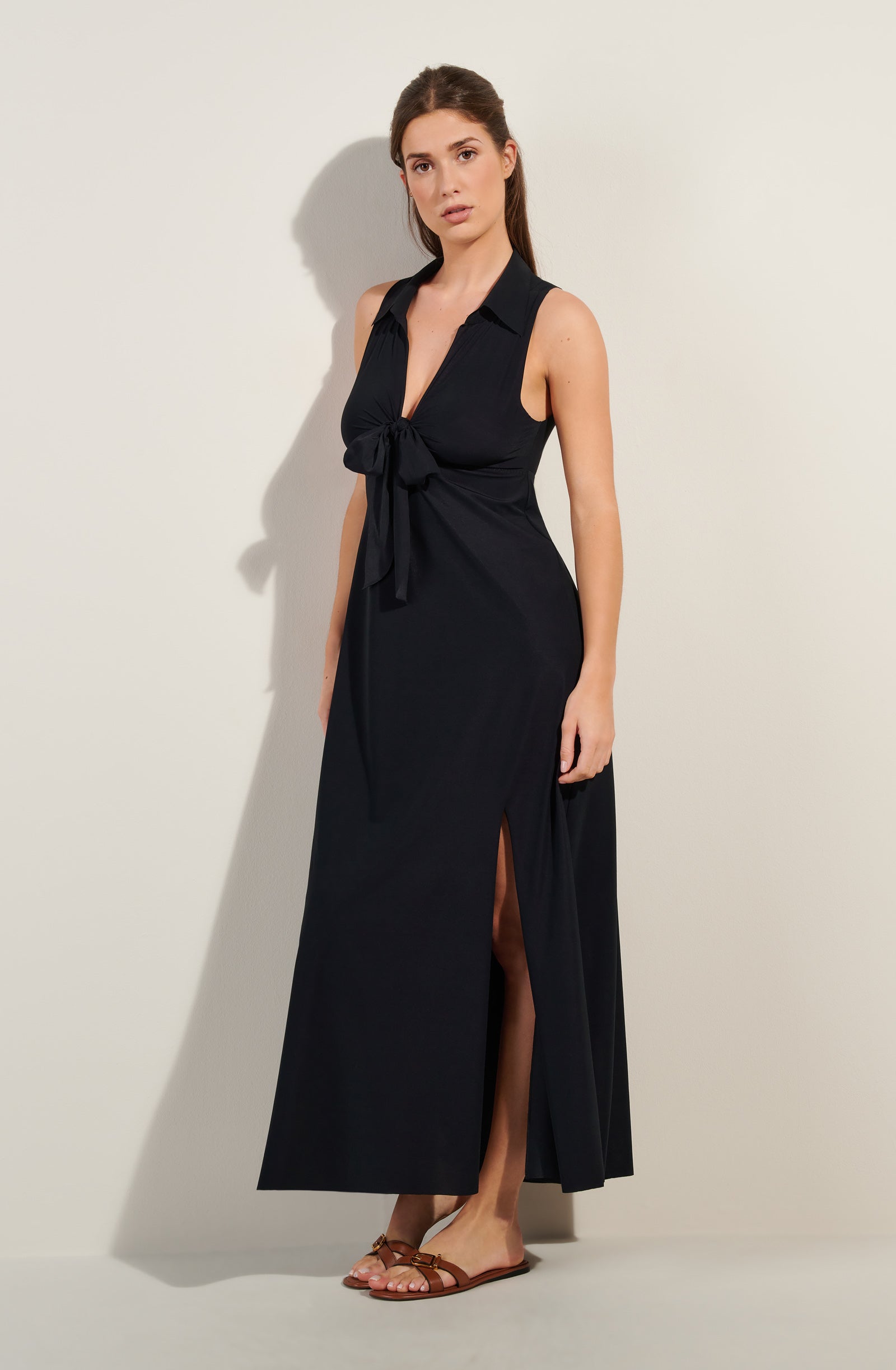 rova long black open back dress