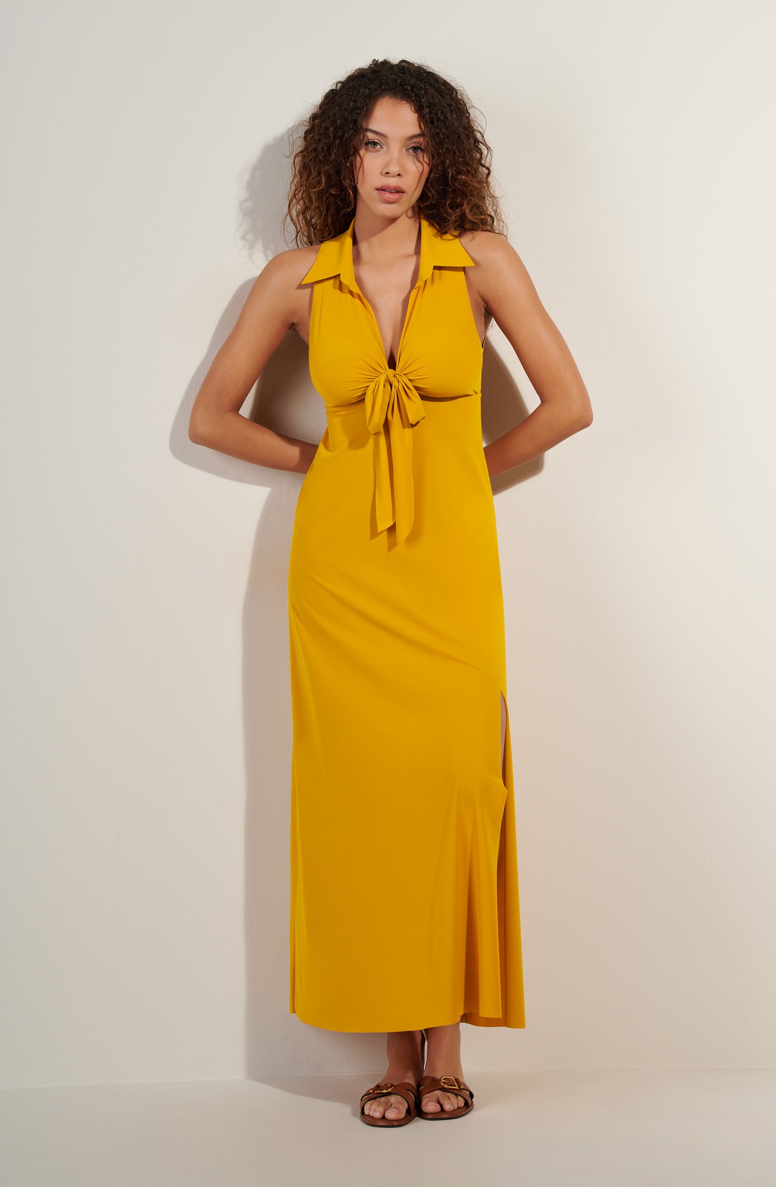 rova long ochre open back dress