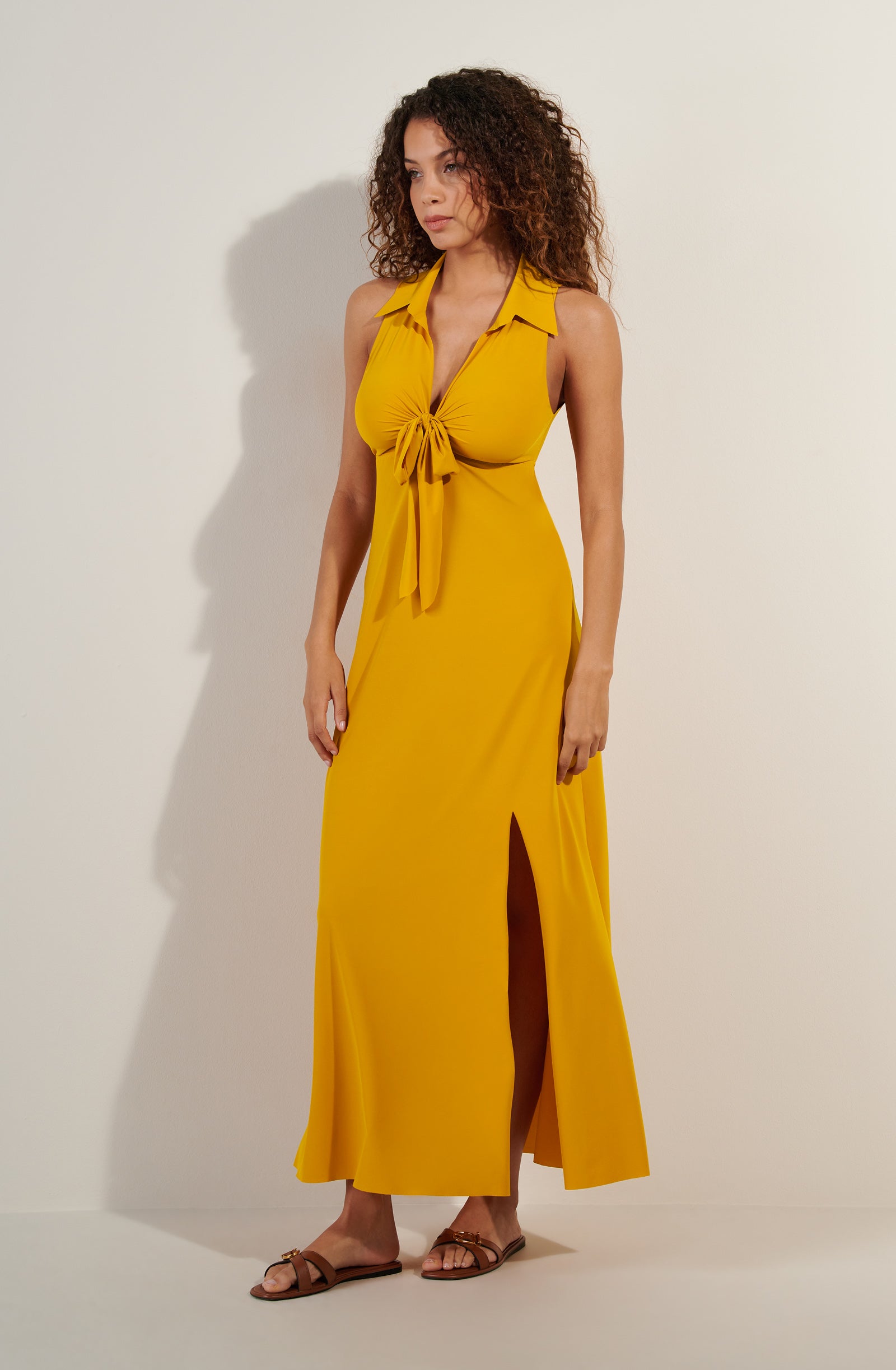 rova long ochre open back dress