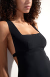 Black one-piece swimsuit with square neckline