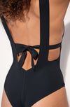 Black one-piece swimsuit with square neckline