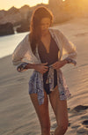 Printed kimono jacket in fixed semi-transparent voile