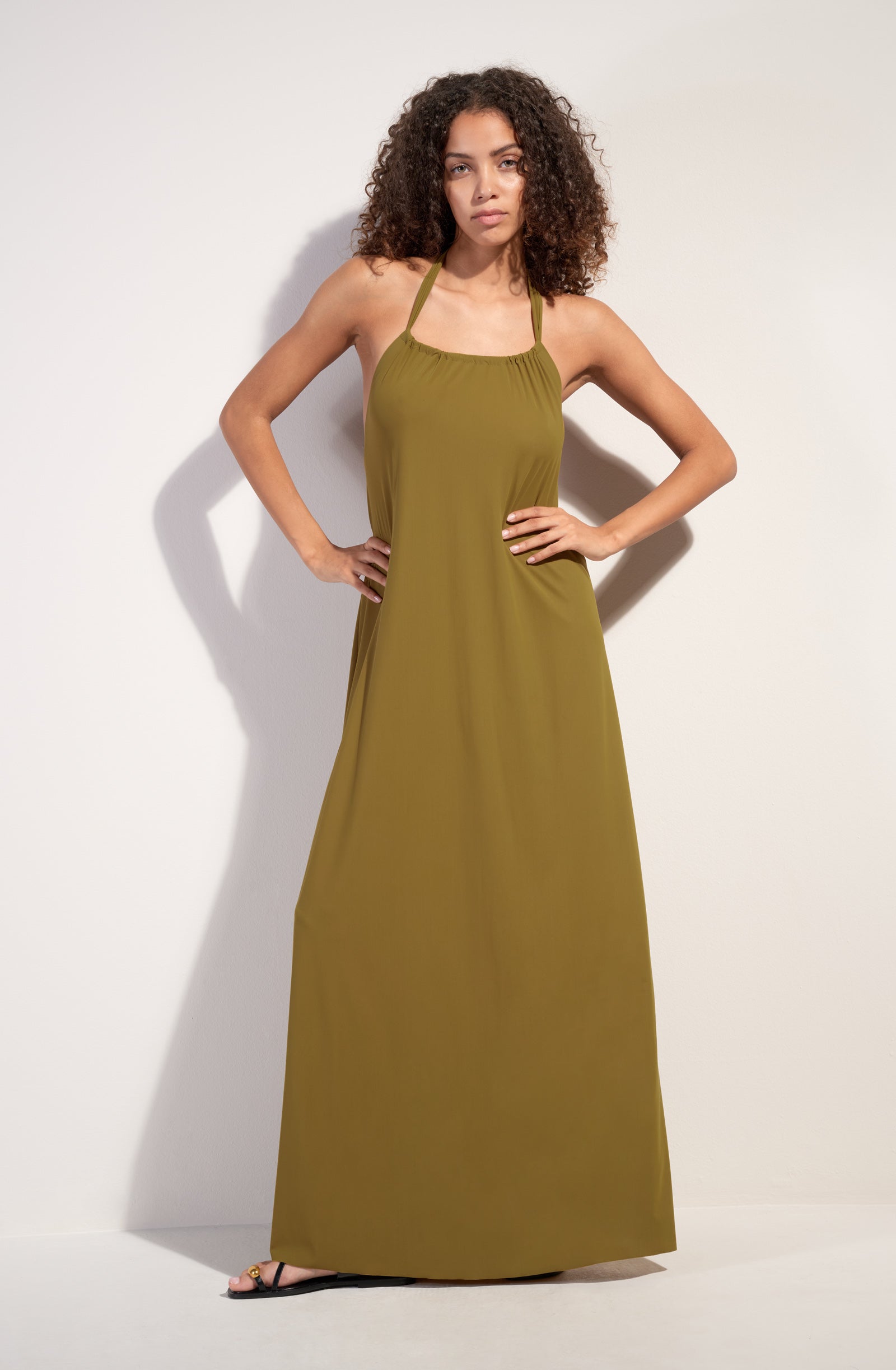 licie Long bronze halter dress in stretch voile