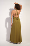 licie Long bronze halter dress in stretch voile