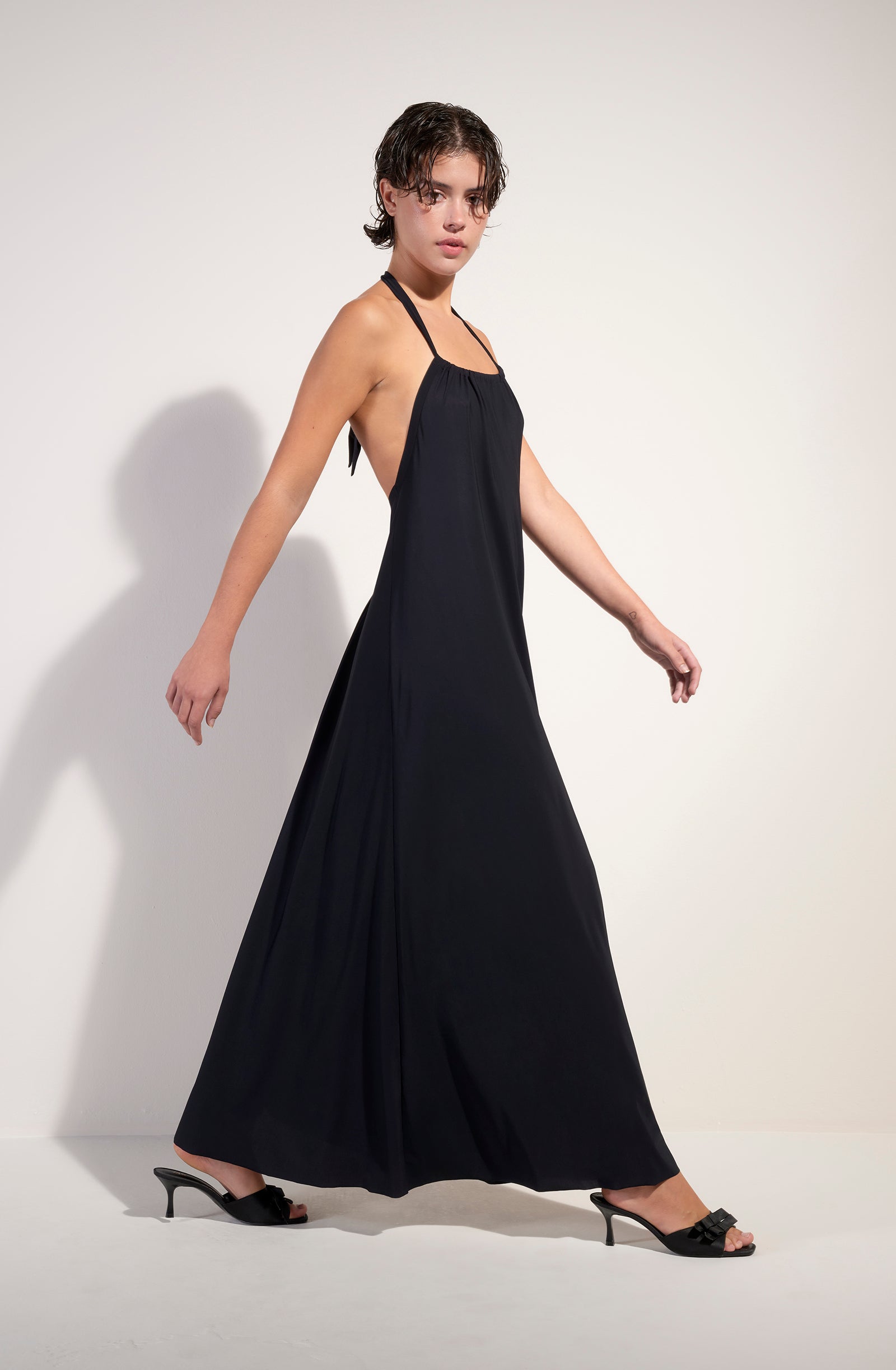 licie Long black halter dress in stretch voile