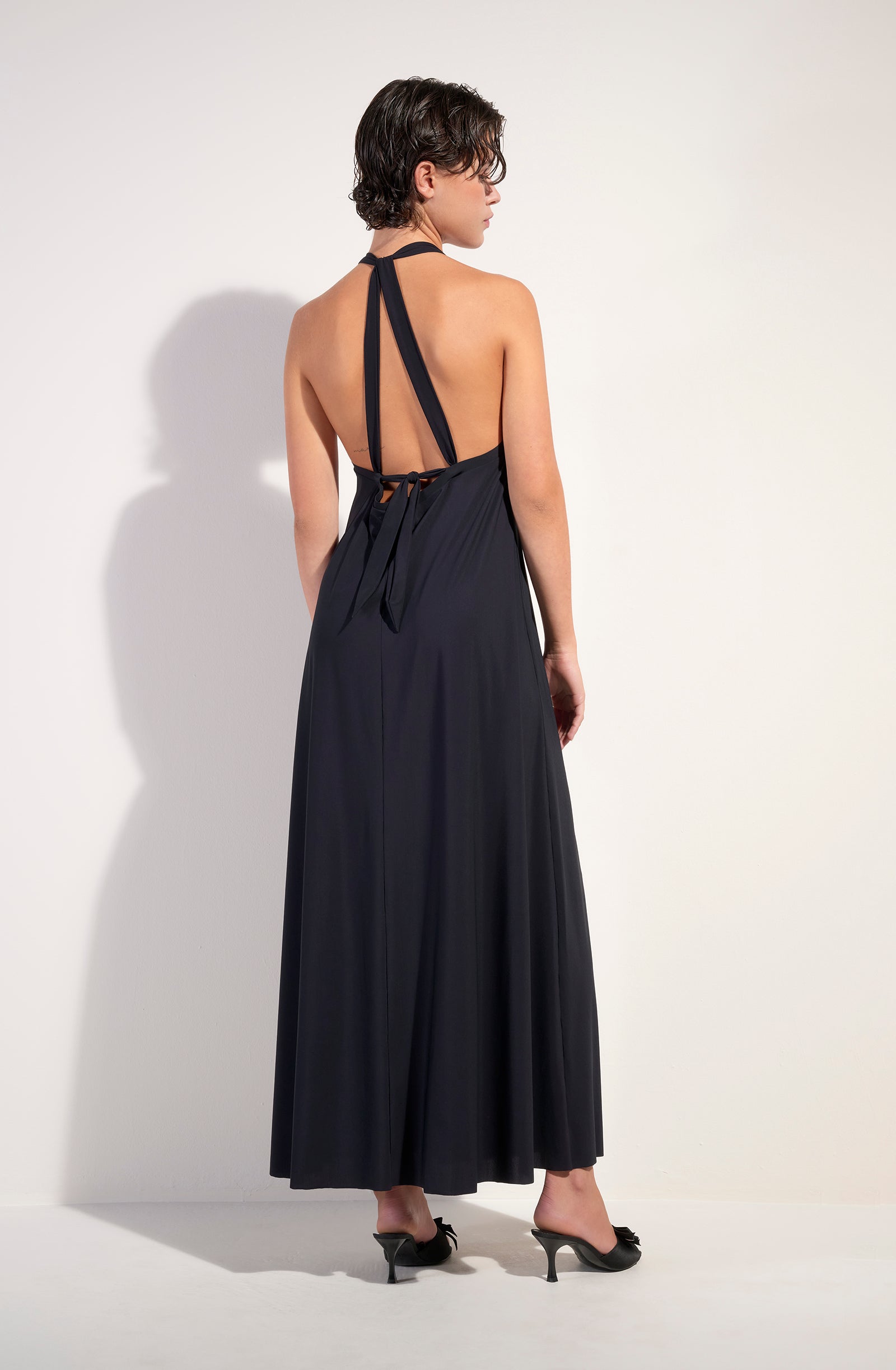licie Long black halter dress in stretch voile