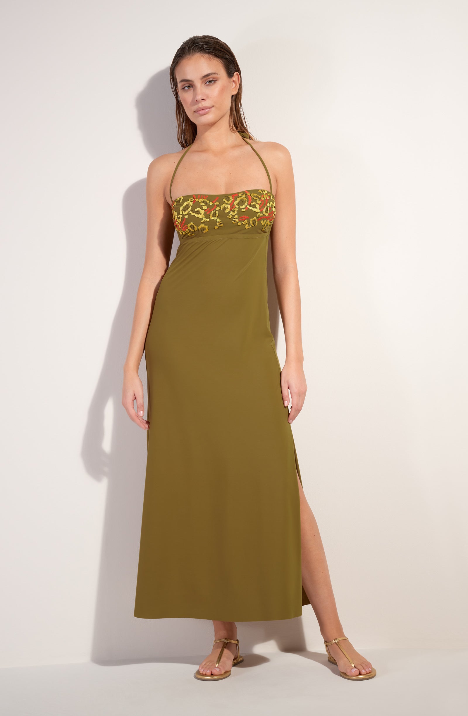 Bronze strapless long dress in stretch voile