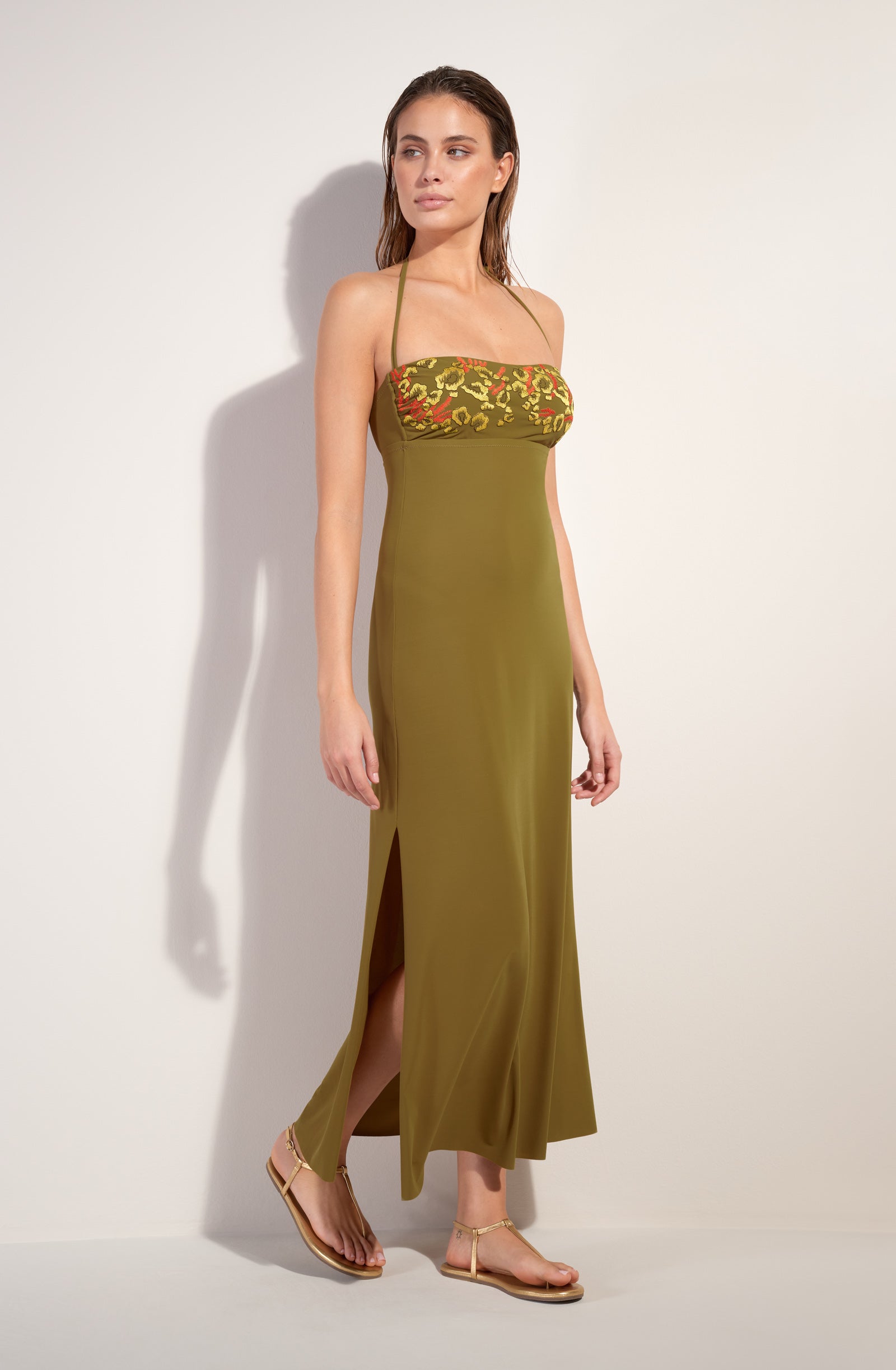 reine robe longue bustier en voile extensible bronze