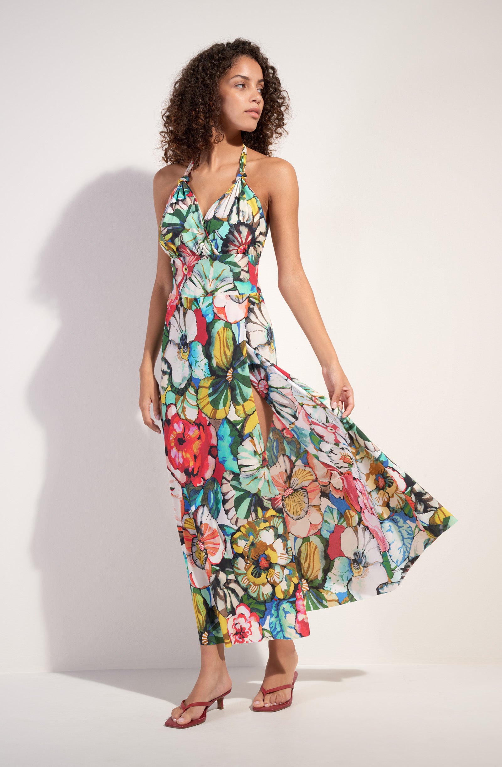 rona robe longue en voile dos nu imprime flower