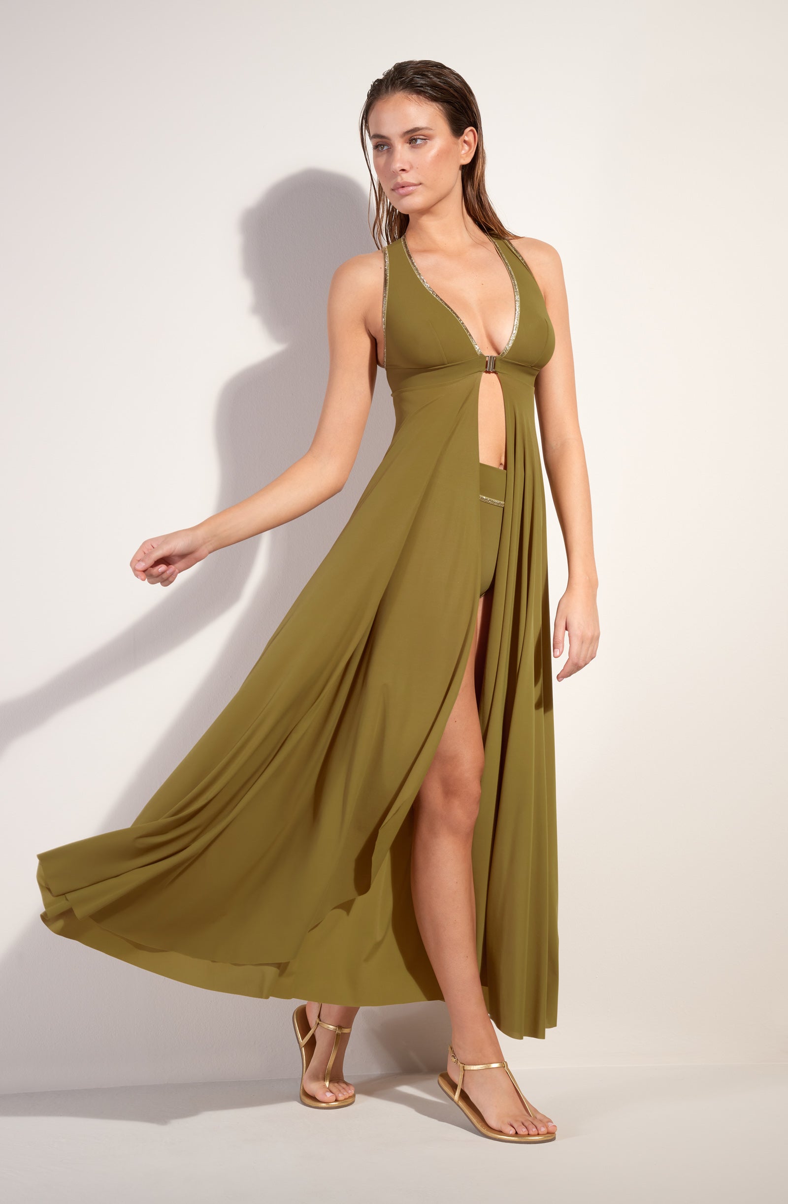 rosane robe longue bronze ouverte sur le devant
