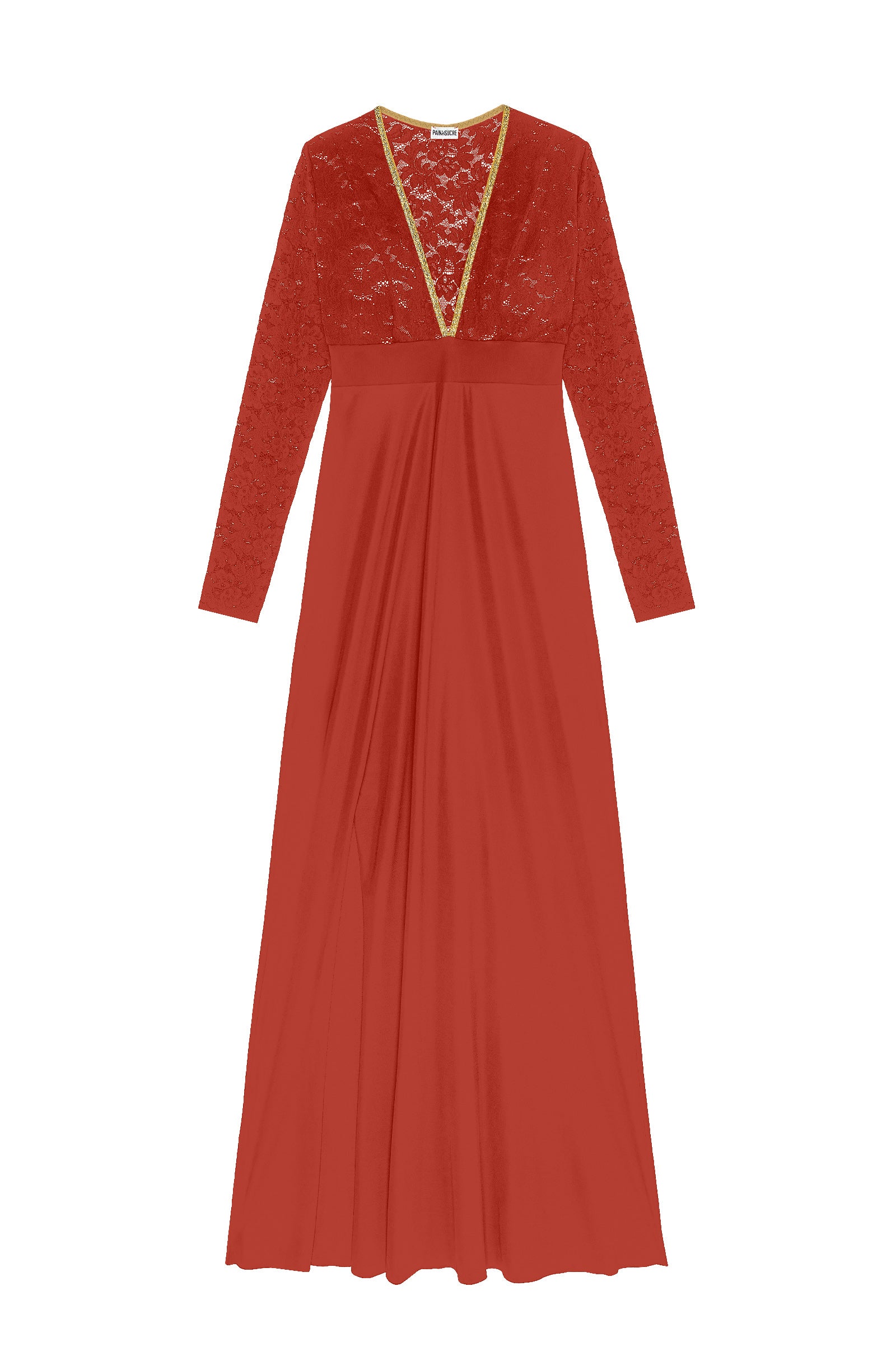 rivia Long brick red dress in lace and voile