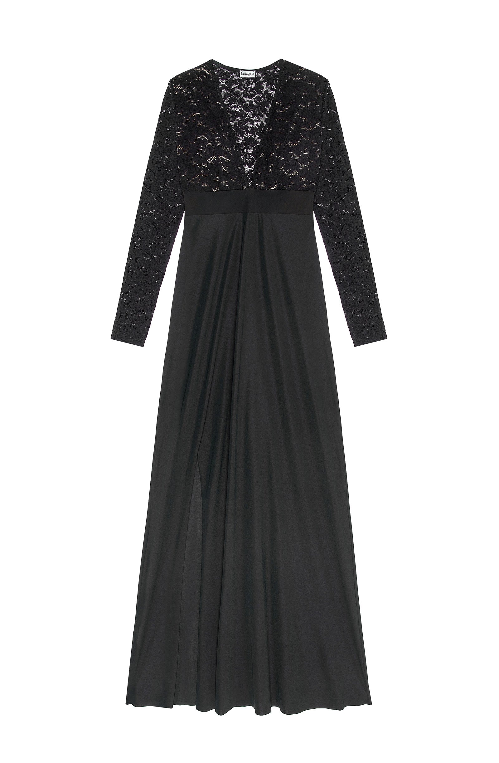 rivia long black dress in lace and voile