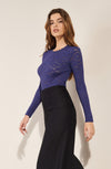 tissia Ink blue lace top with round neckline and long sleeves