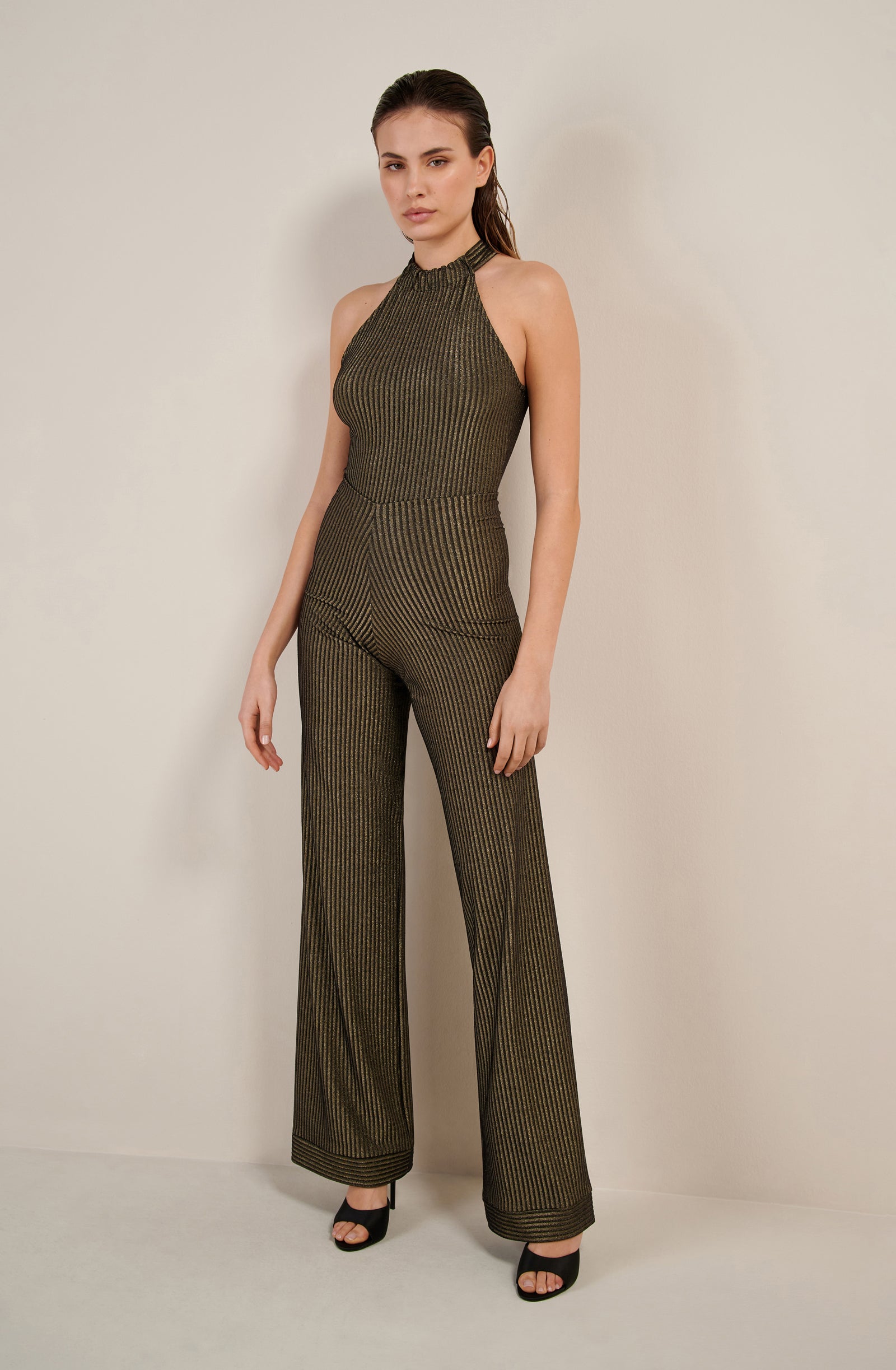 petrus Pantalon droit noir et doré en maille côtelée