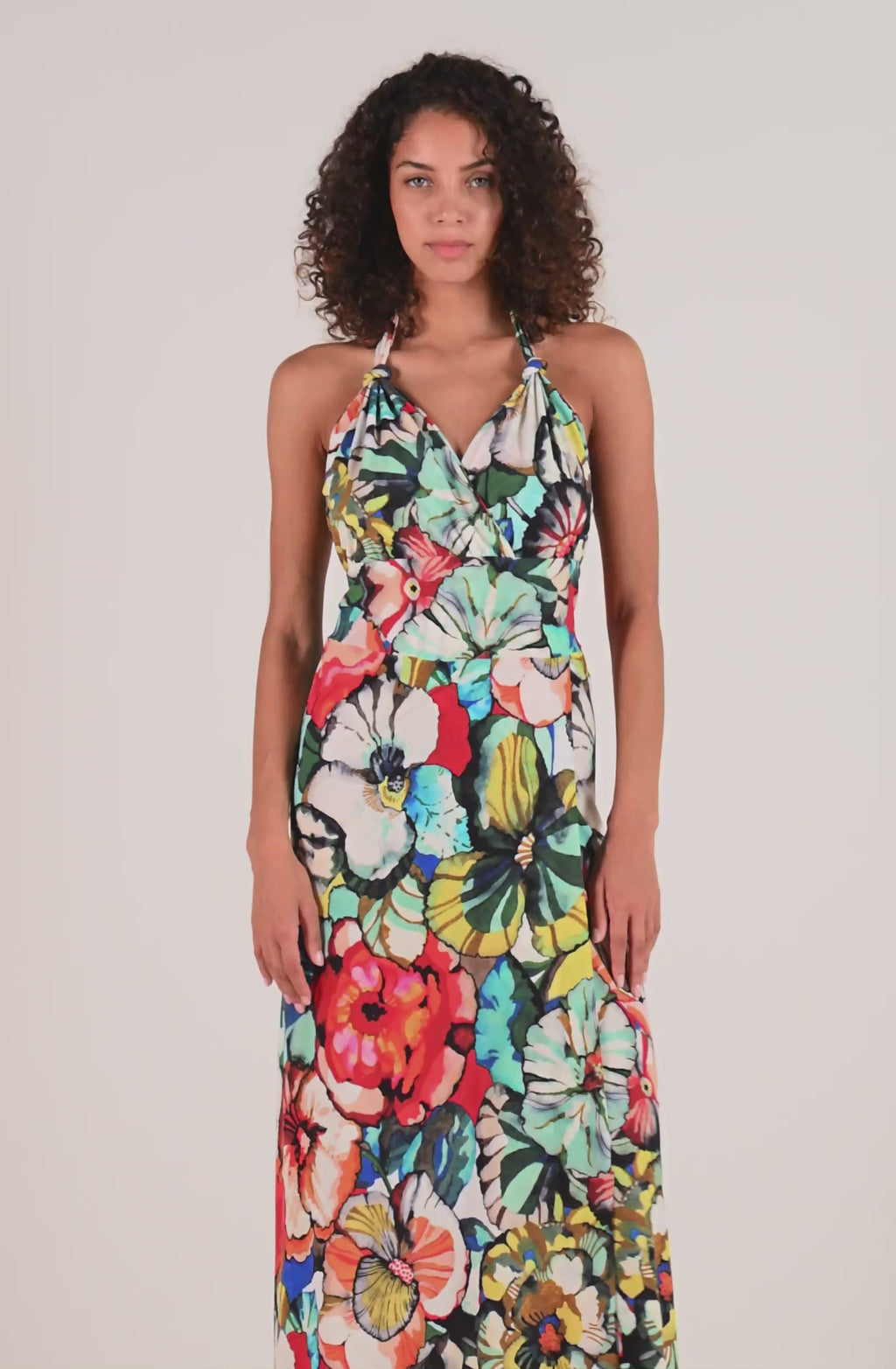 rona robe longue en voile dos nu imprime flower