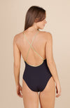 coral Black swimsuit with thin Lurex straps crossed at the back