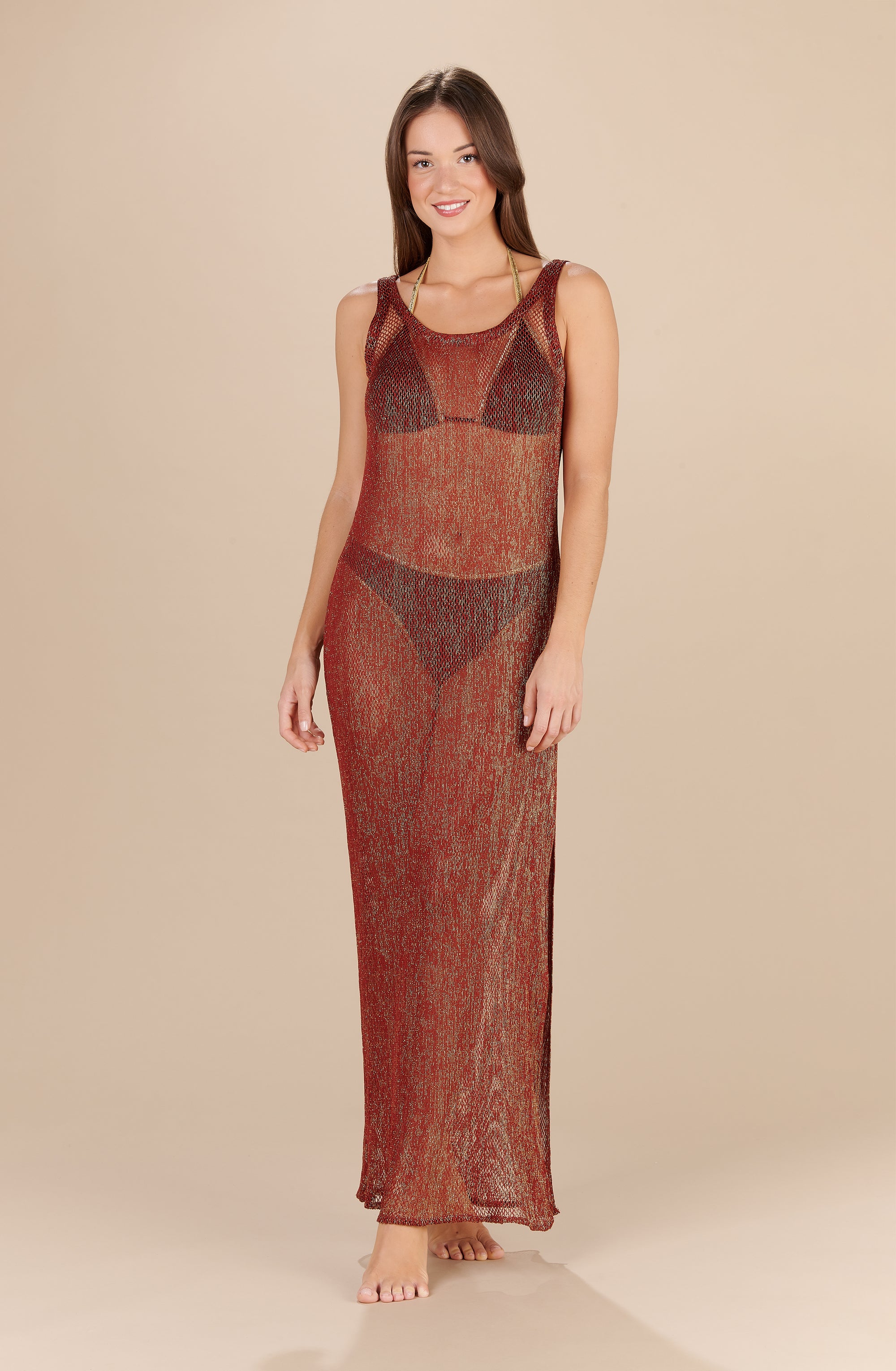 elie long semi transparent copper and golden knitted dress
