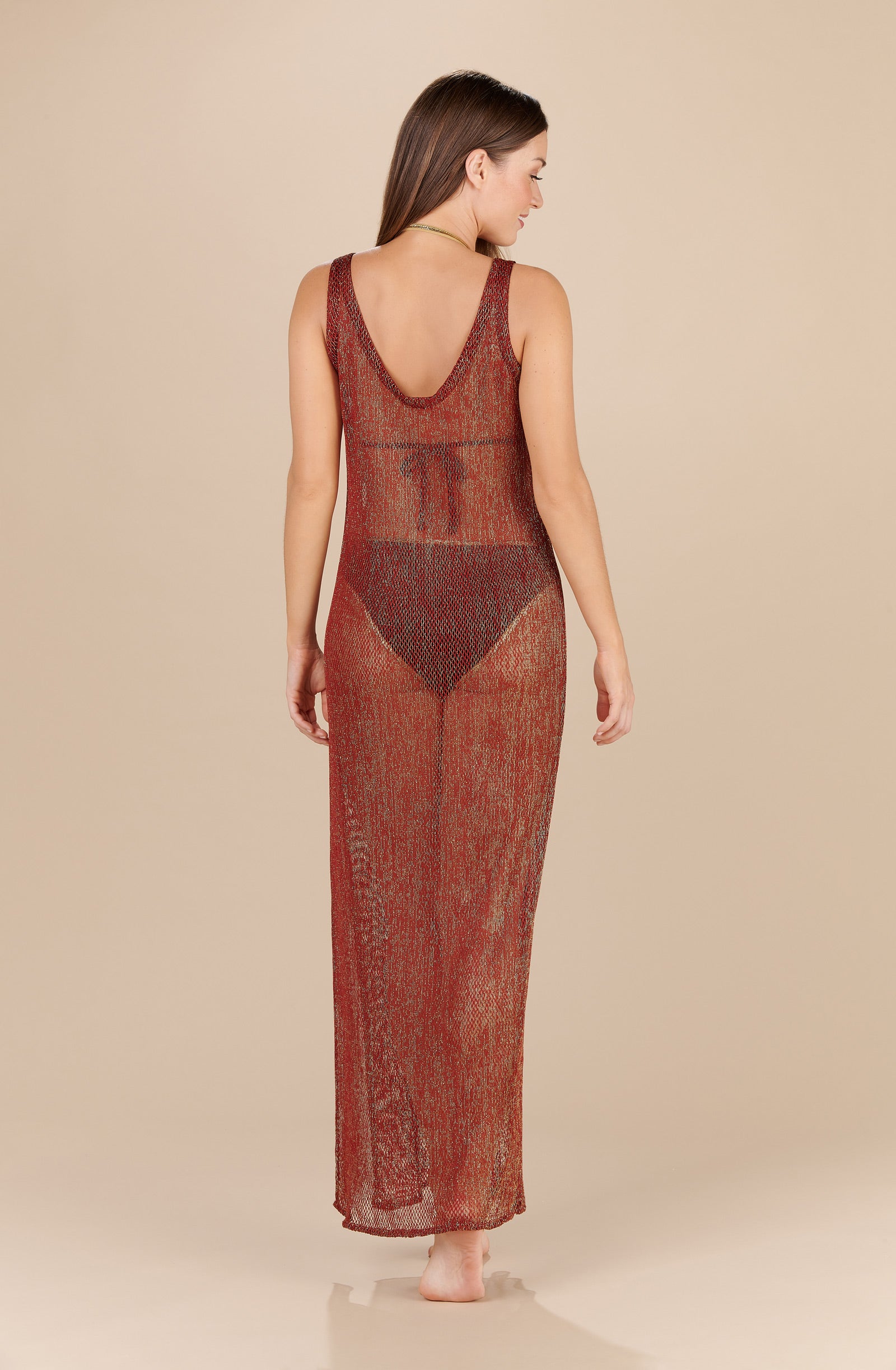 elie long semi transparent copper and golden knitted dress