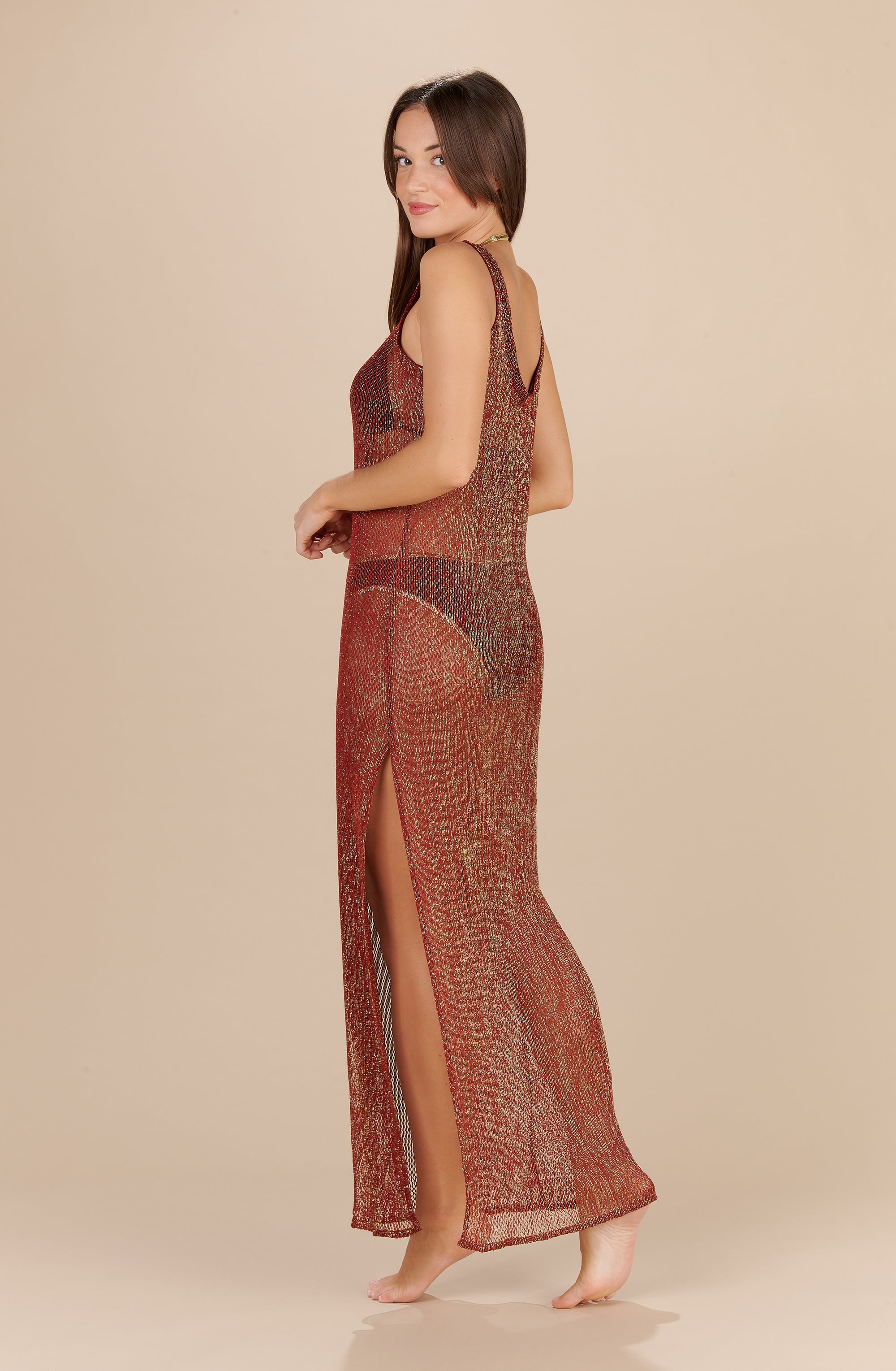 elie long semi transparent copper and golden knitted dress