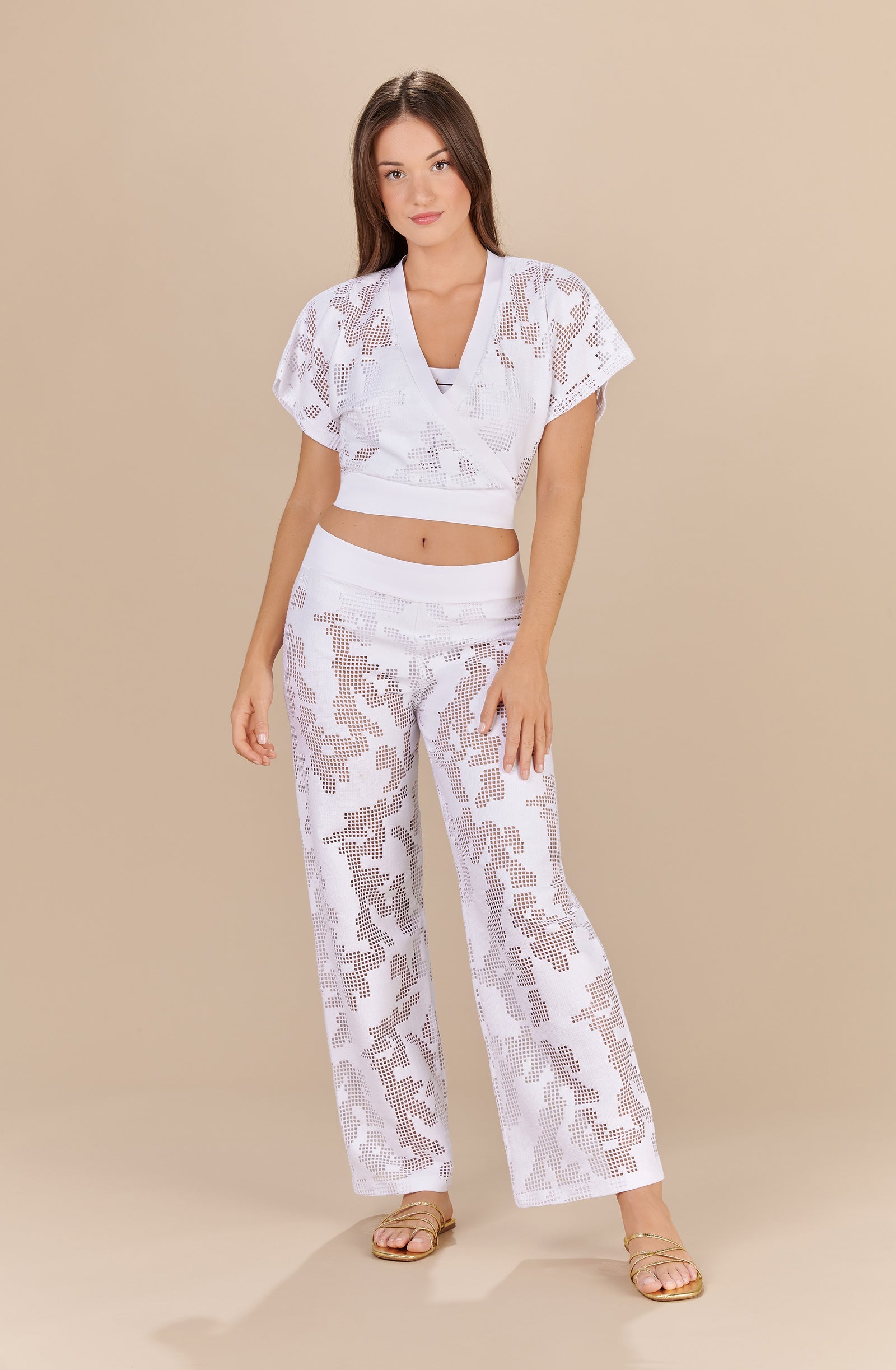 manoa white perforated fishnet wrap top