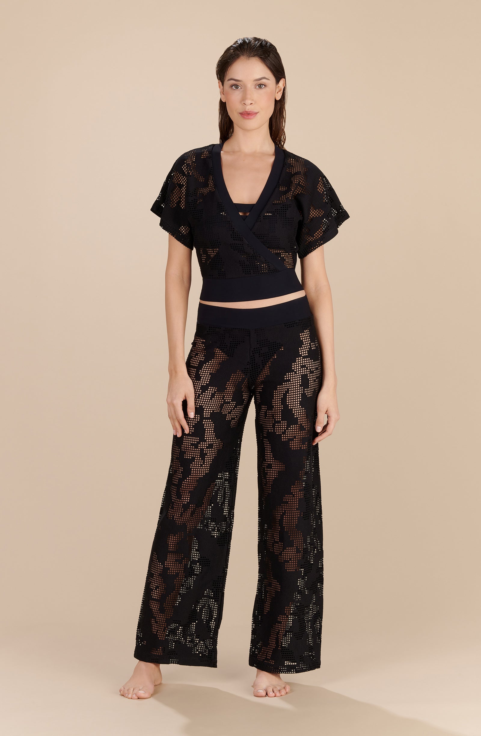 manoa black perforated fishnet wrap top