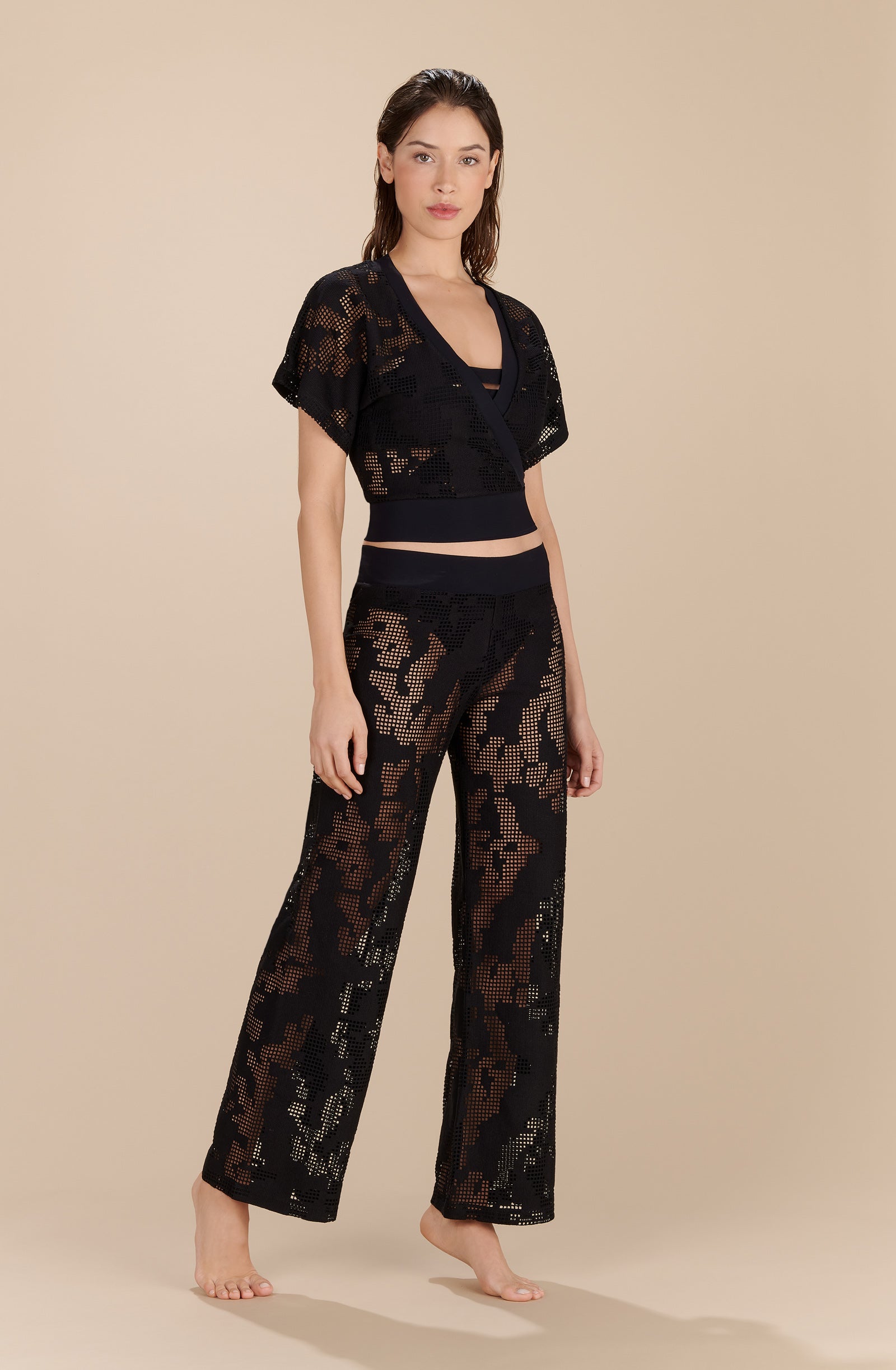 manoa black perforated fishnet wrap top