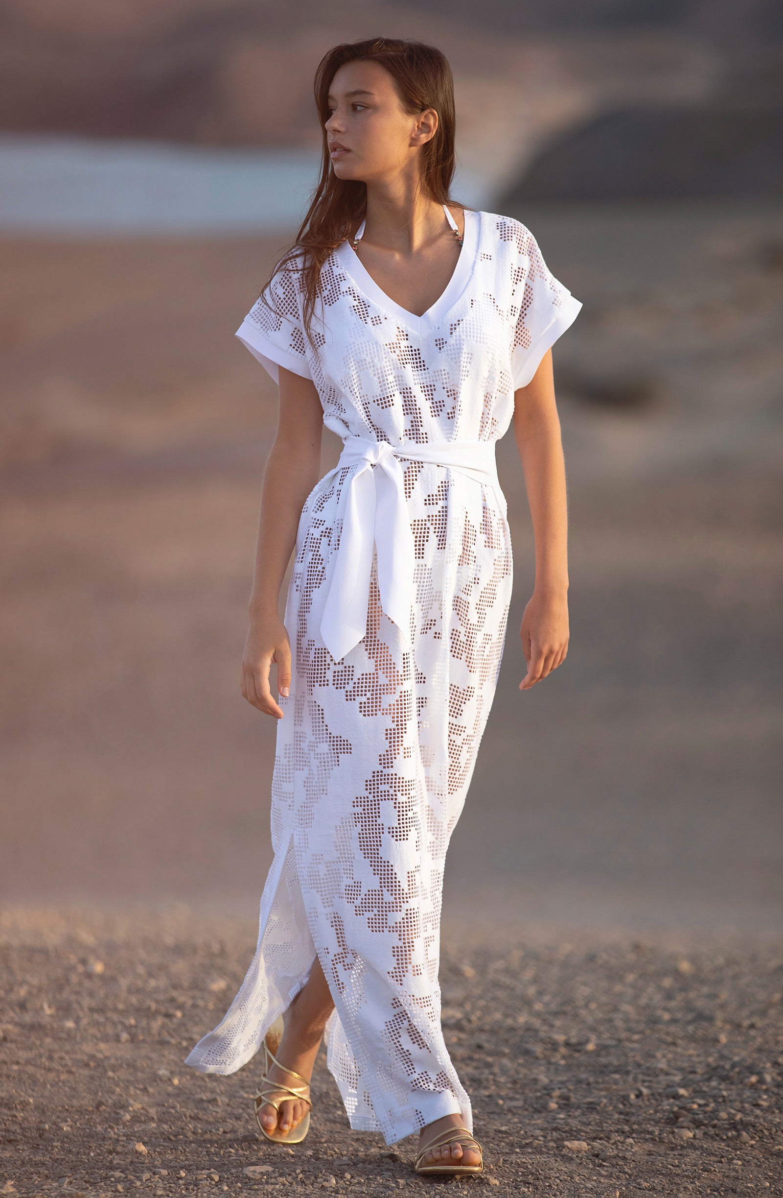 raina long white perforated dress