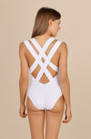 White racing swimsuit crossed at the back