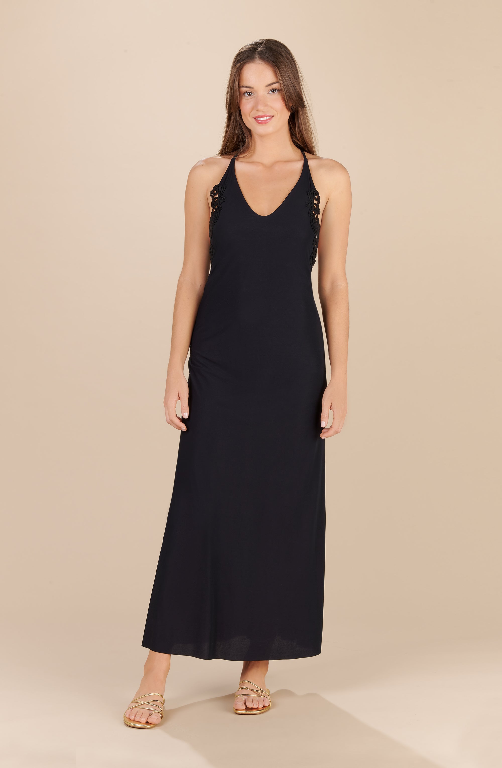 rowan - Long black halter neck dress