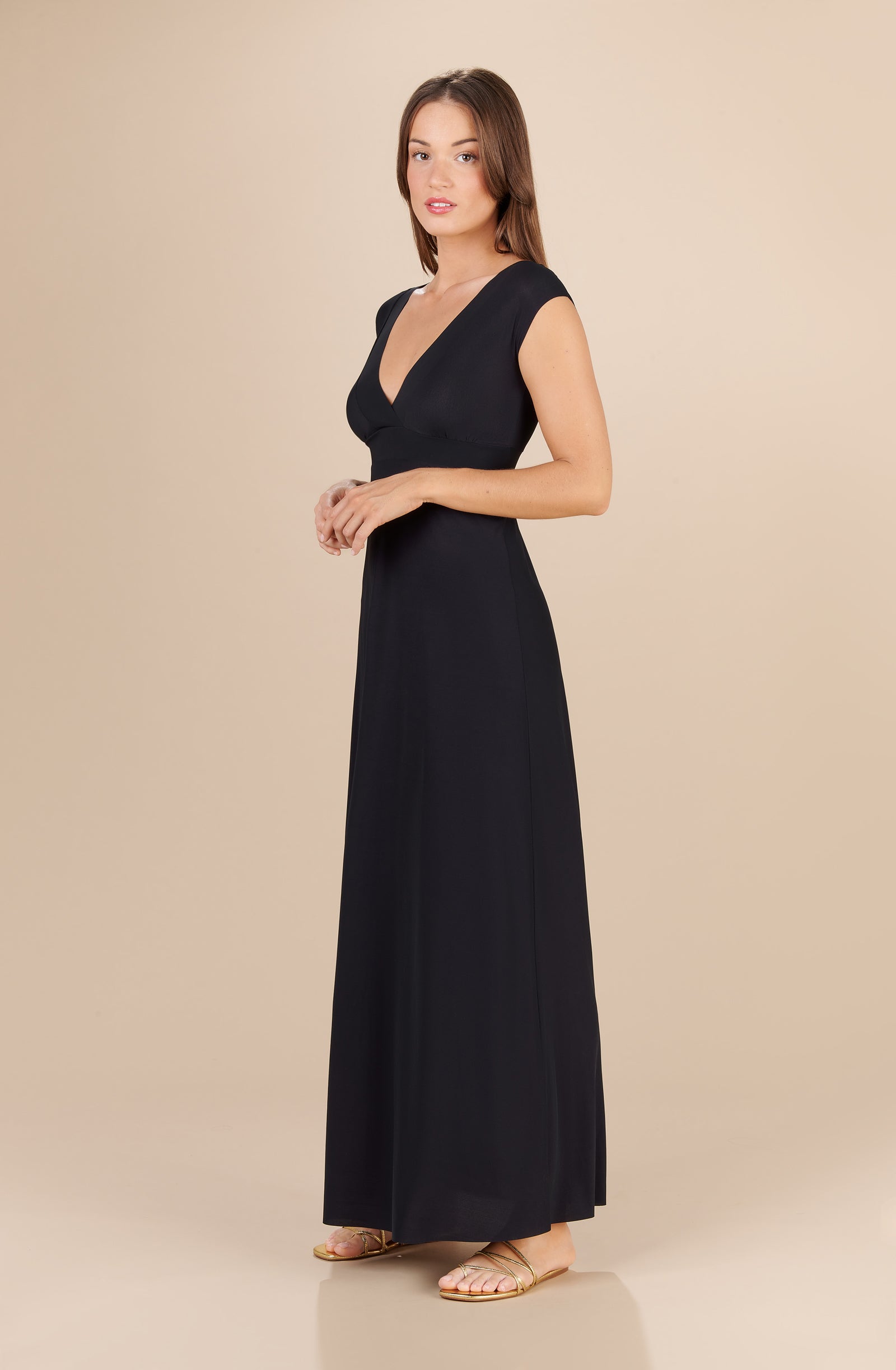 zaelie long black light voile neckline dress