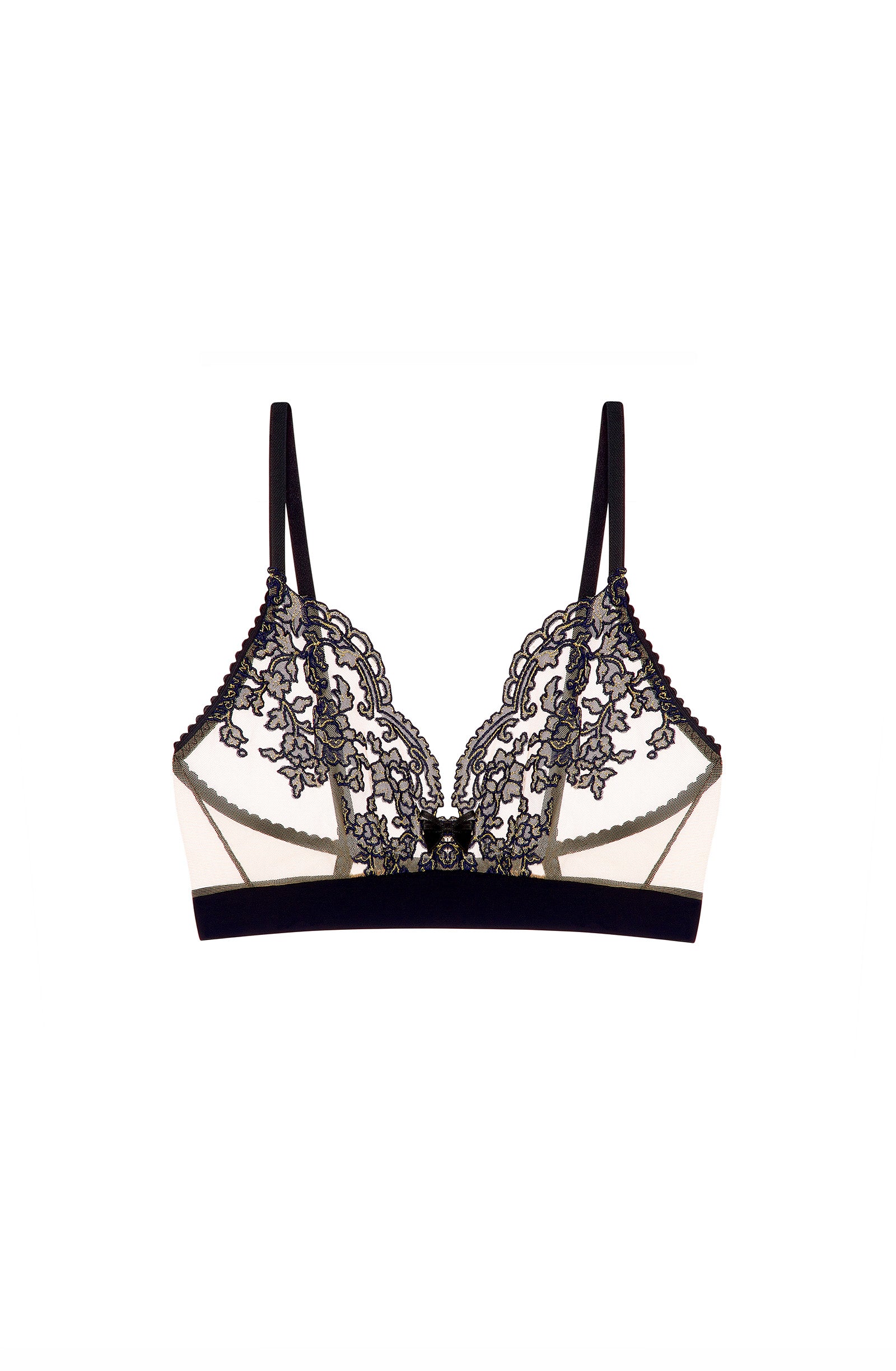aimee Transparent tulle bra, golden and navy embroidery